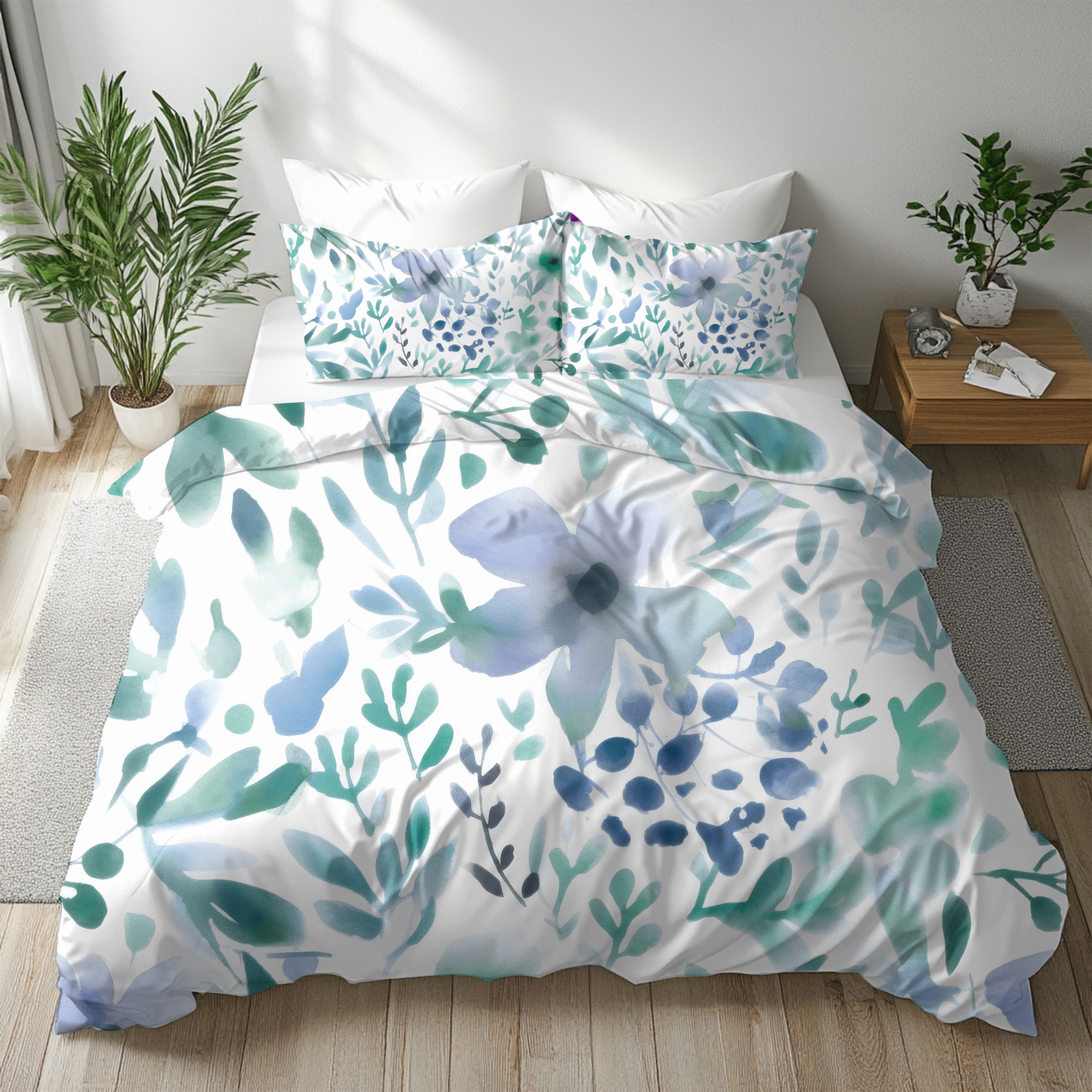 Abstract Duvet, Pillow Cover | Floral, Teal Green Blue White Bedroom Decor