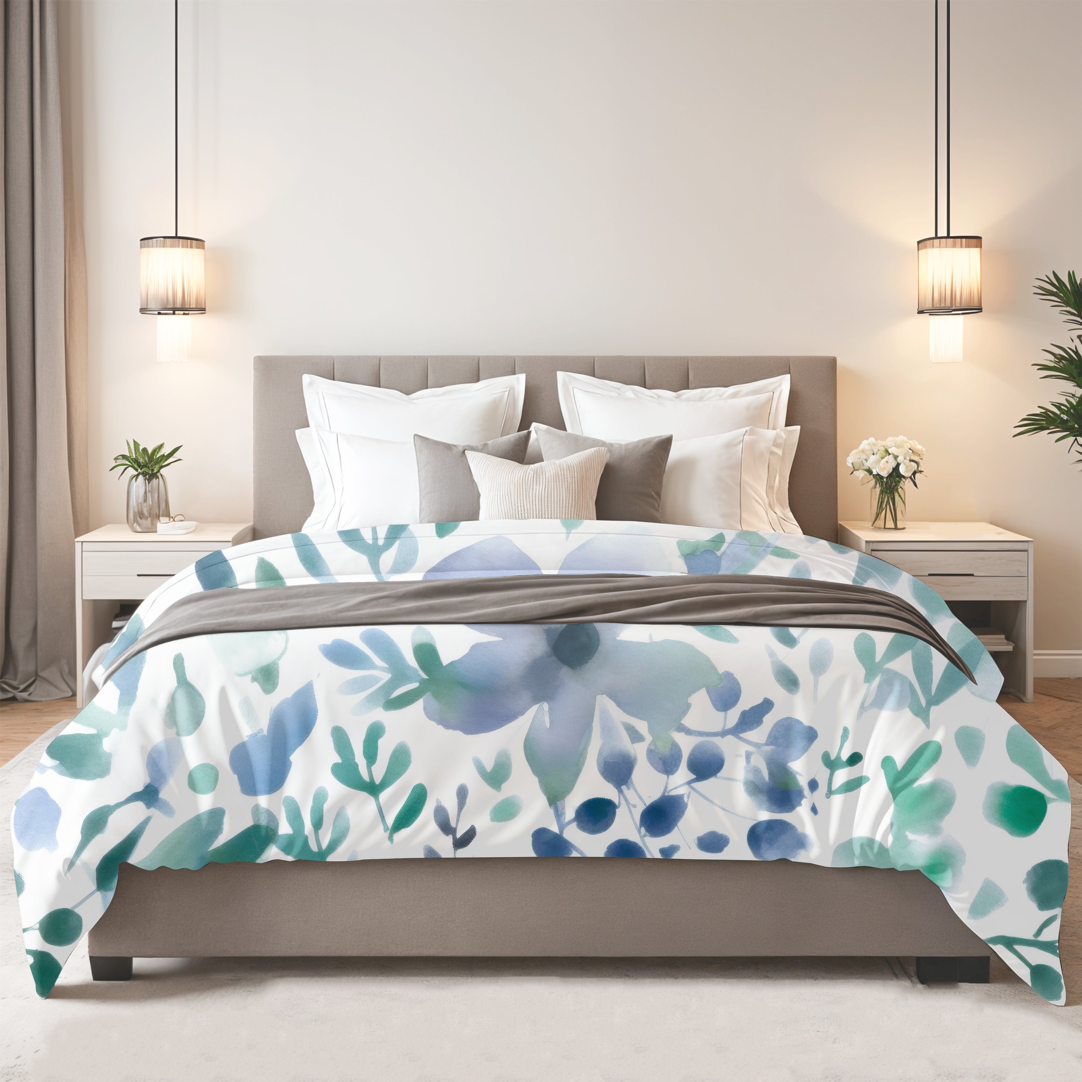Abstract Duvet, Pillow Cover | Floral, Teal Green Blue White Bedroom Decor