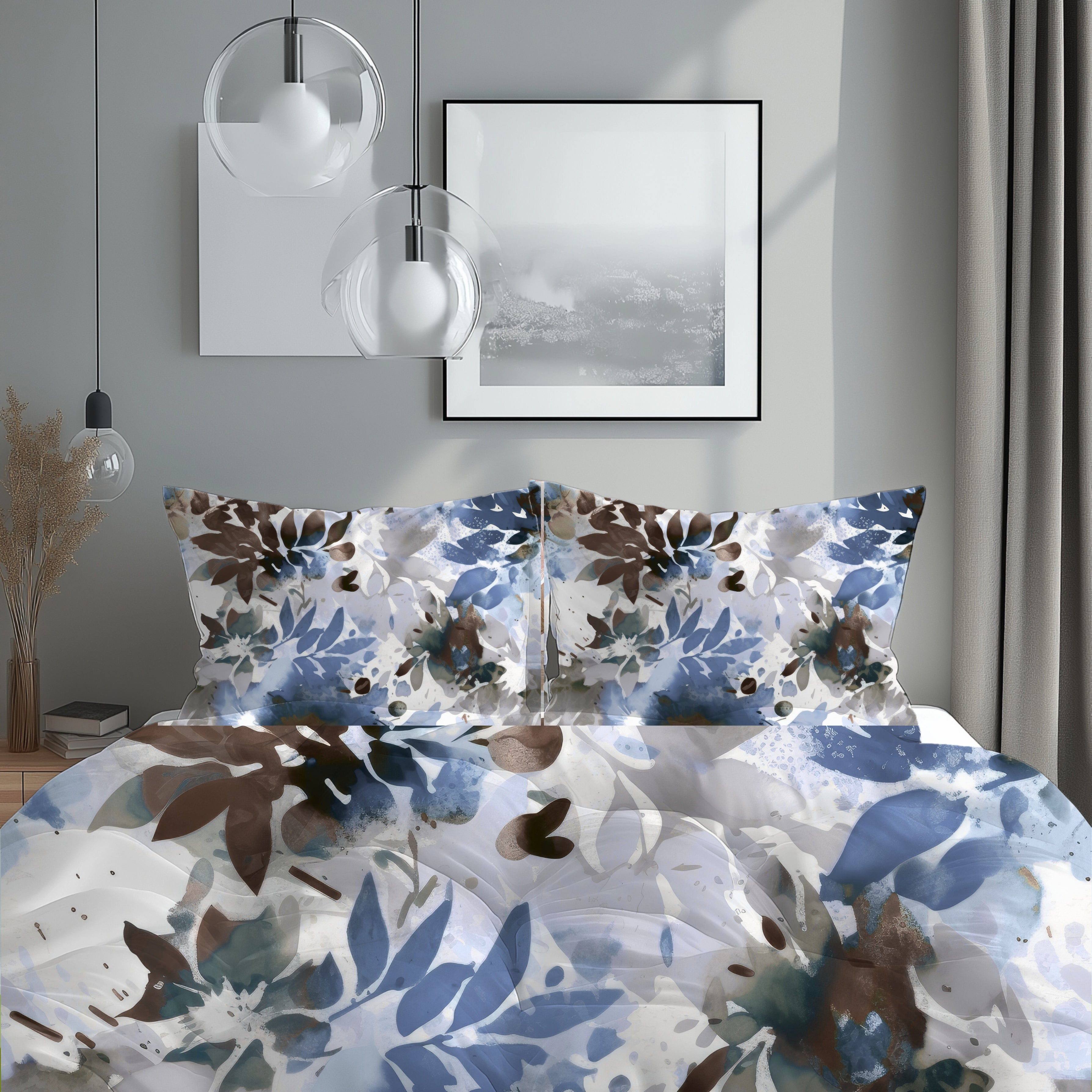 Floral Duvet, Pillow Cover | Brown Blue White Leaves Bedroom Decor