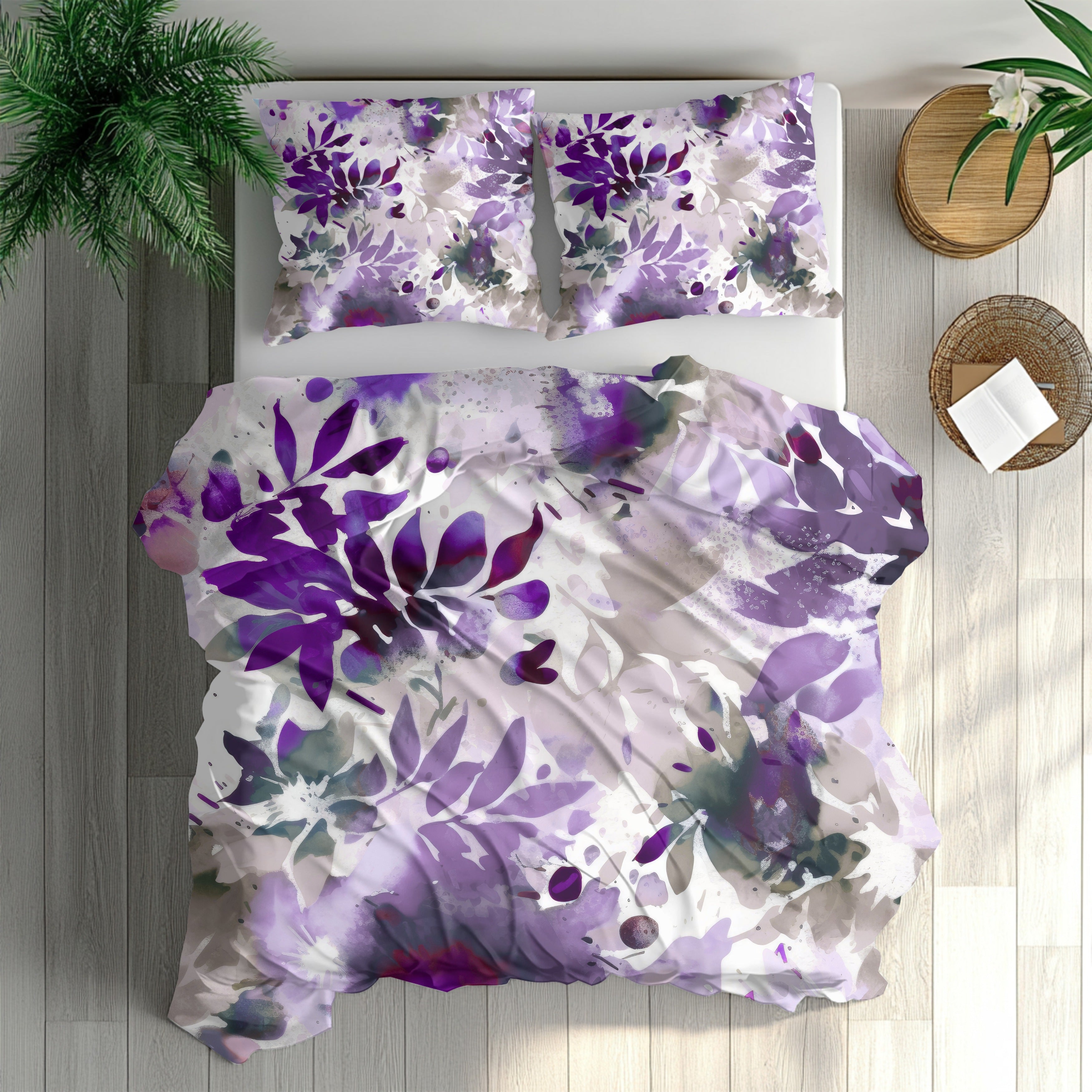 Floral Duvet, Pillow Cover | Purple Beige White Leaves Bedroom Decor