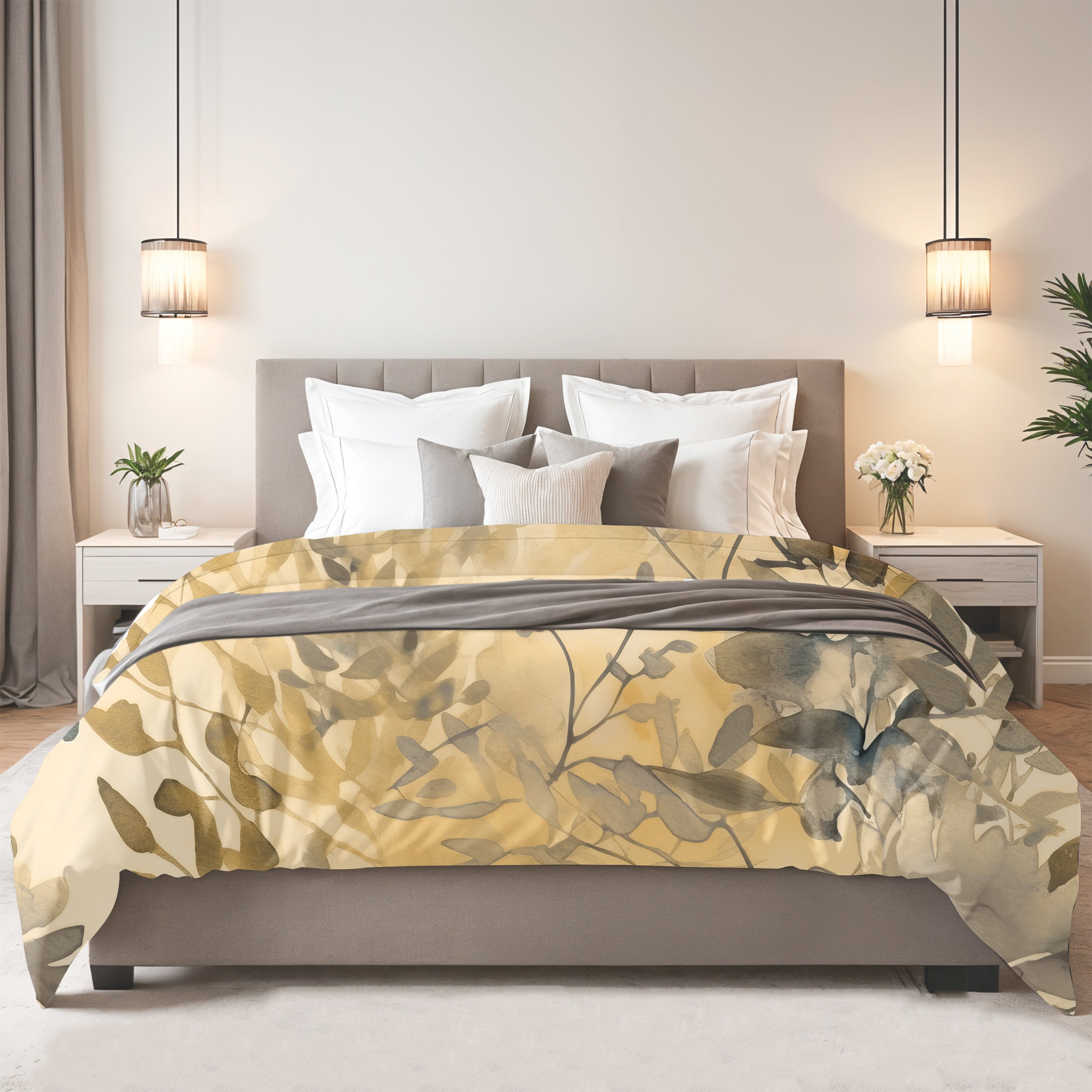 Floral Duvet, Pillow Cover | Beige Grey Leaves Bedroom Decor