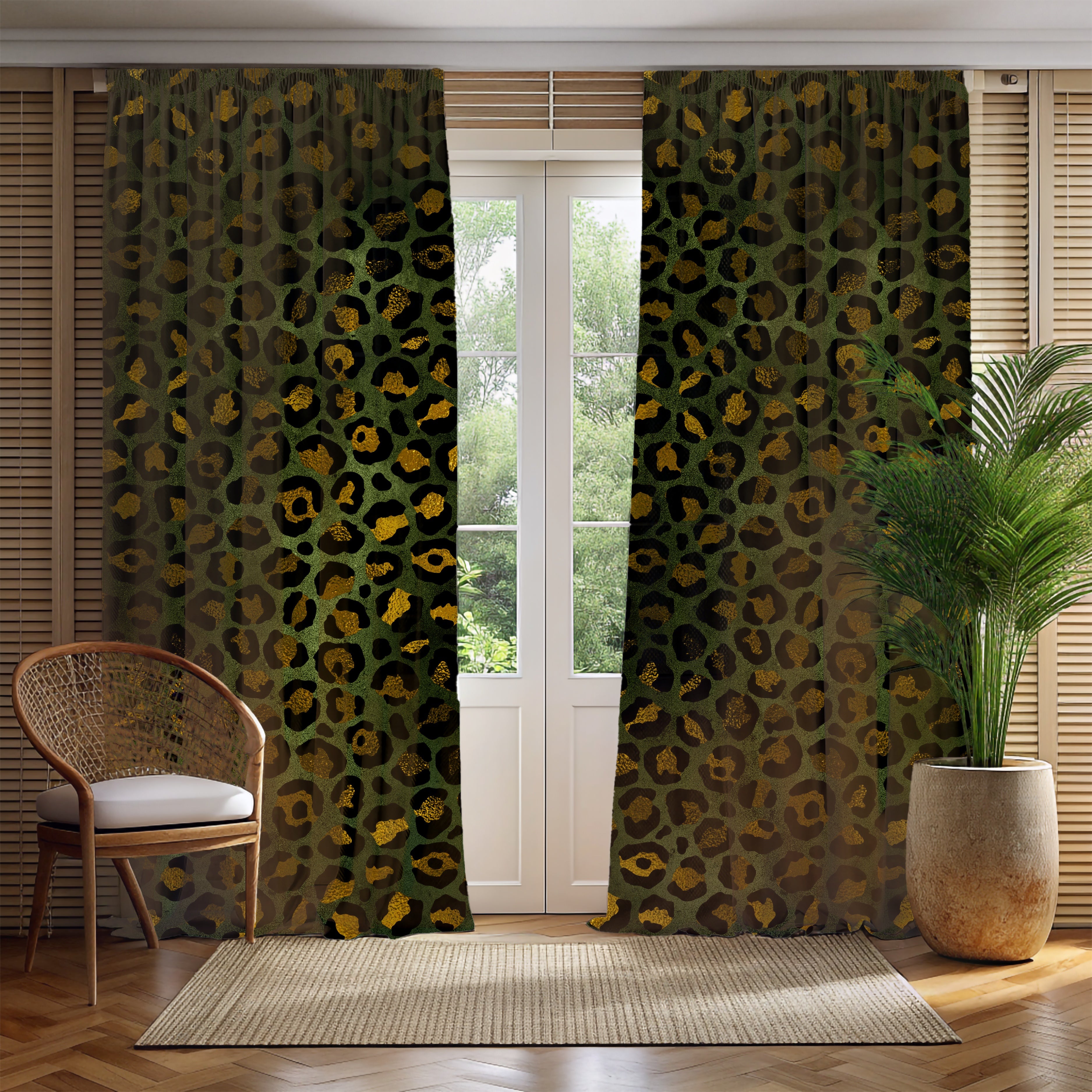 Green Window Curtains | Leopard Skin Print Watercolor, 50 X 84 Inches, Bedroom, Living Room Kitchen Blackout, Sheer