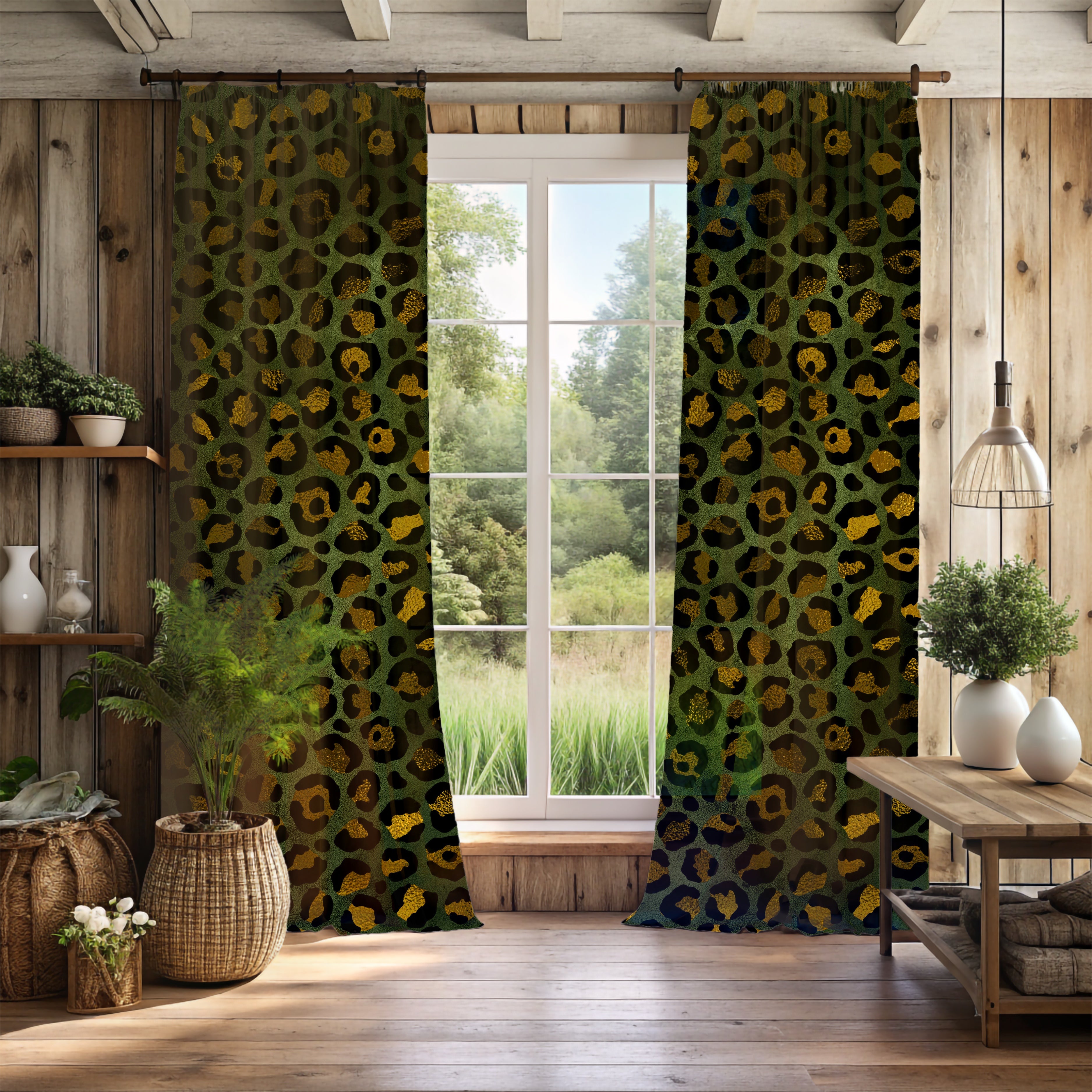 Green Window Curtains | Leopard Skin Print Watercolor, 50 X 84 Inches, Bedroom, Living Room Kitchen Blackout, Sheer