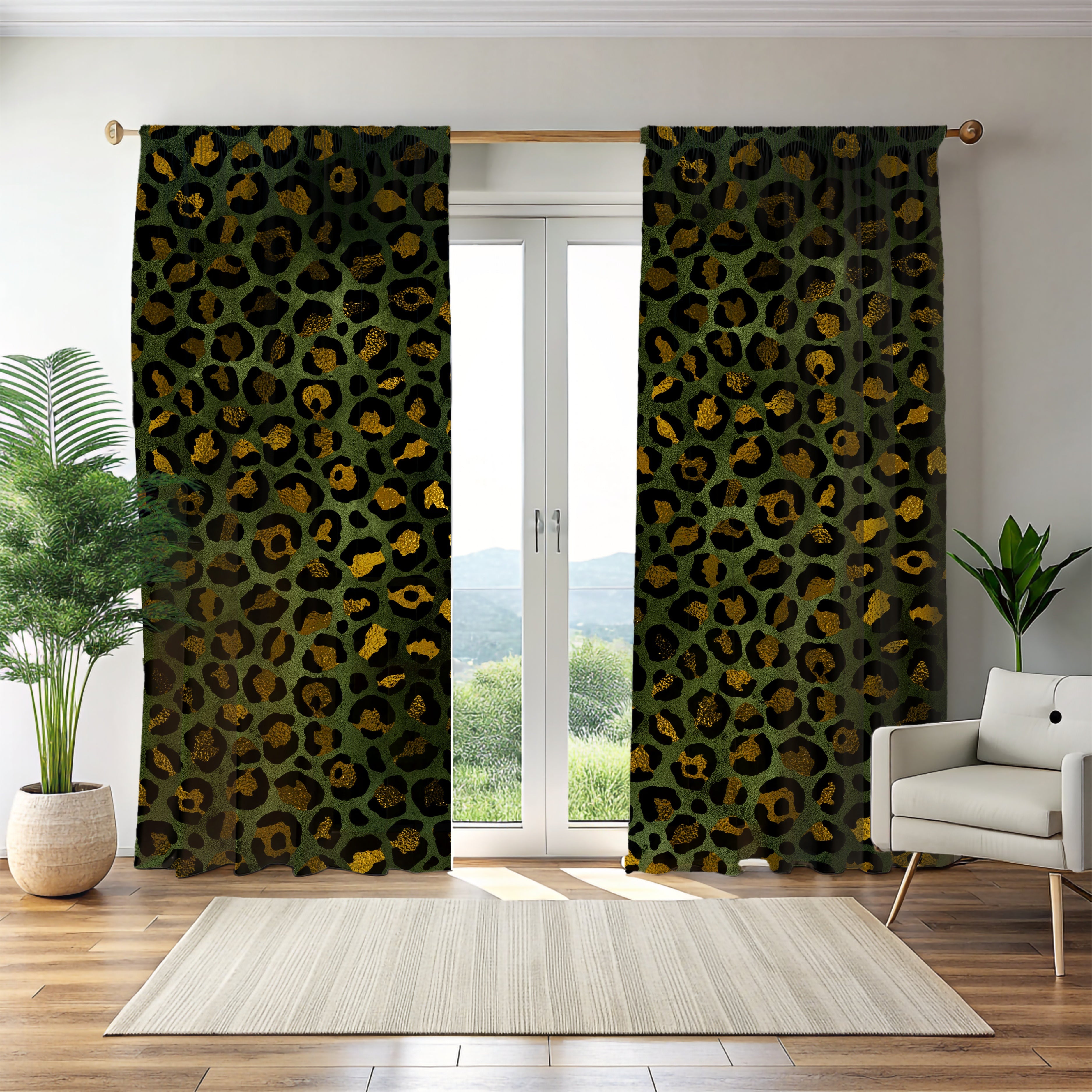 Green Window Curtains | Leopard Skin Print Watercolor, 50 X 84 Inches, Bedroom, Living Room Kitchen Blackout, Sheer