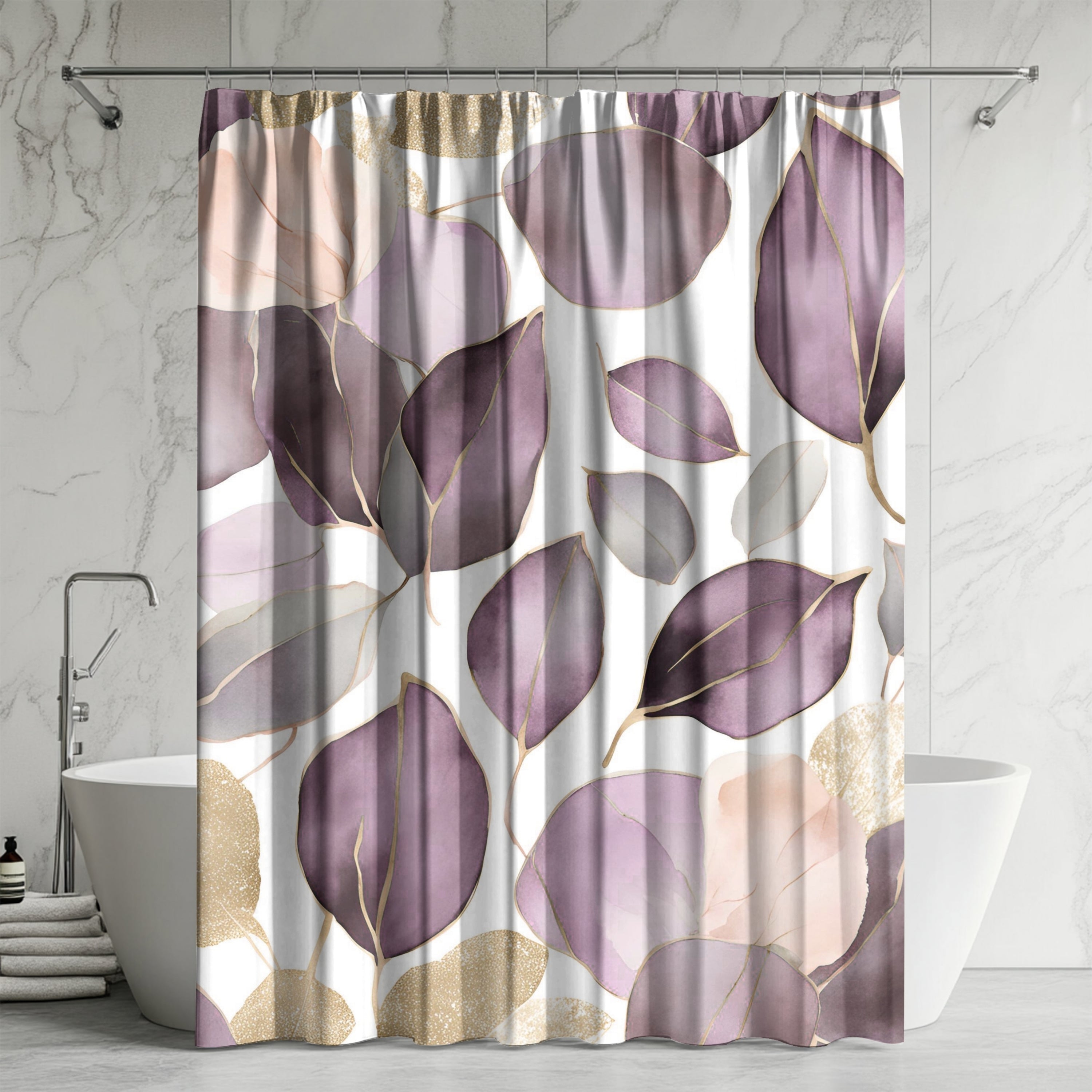 Abstract Shower Curtain | Floral Lavender Purple White Leaves