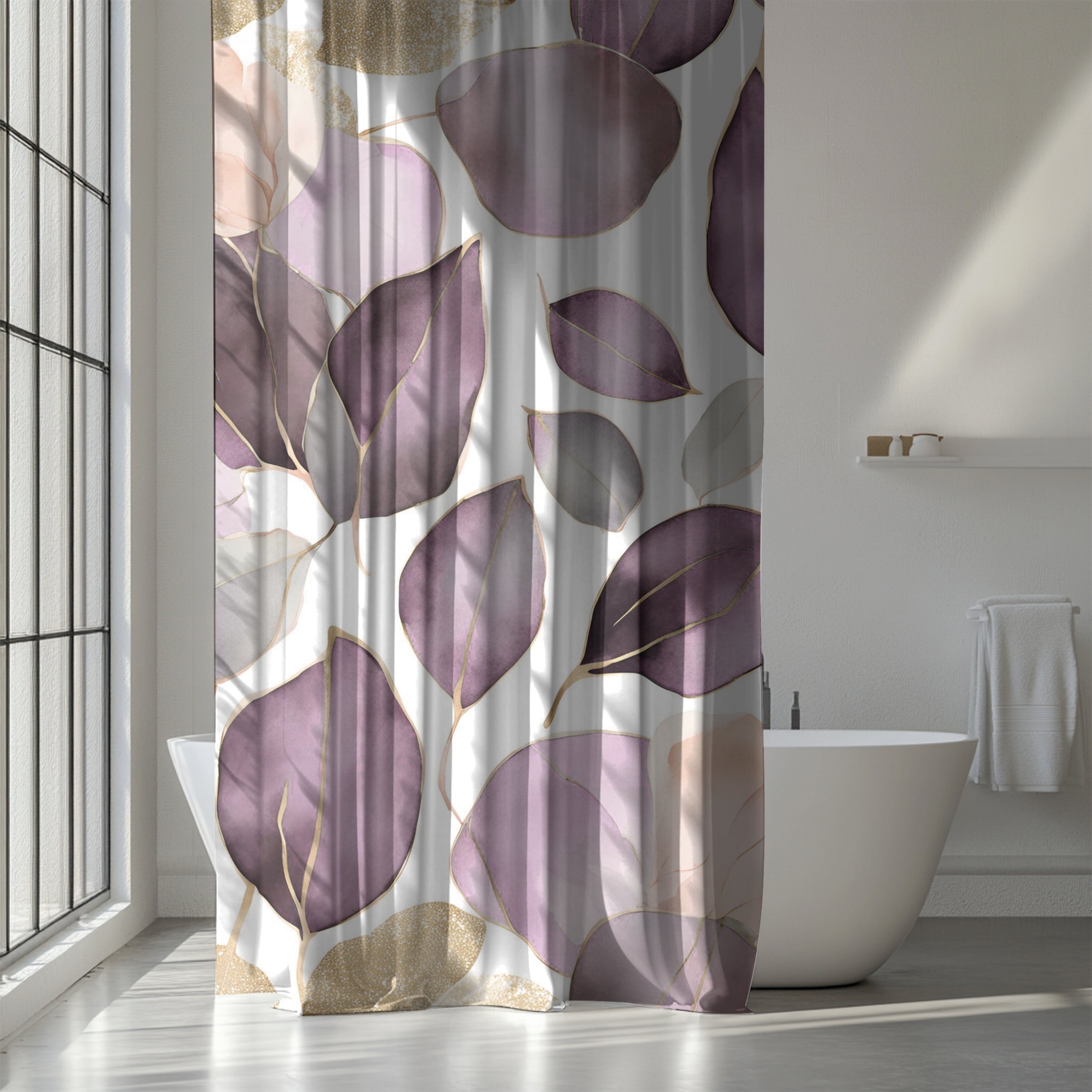 Abstract Shower Curtain | Floral Lavender Purple White Leaves