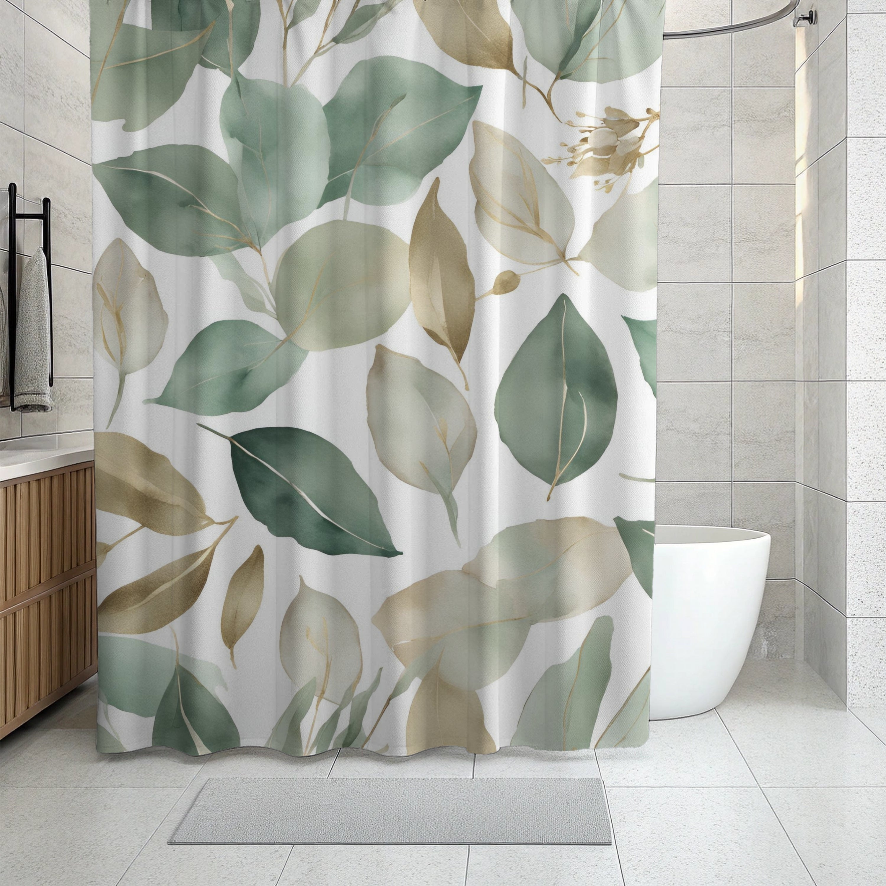 Abstract Shower Curtain | Floral Sage Green White Leaves