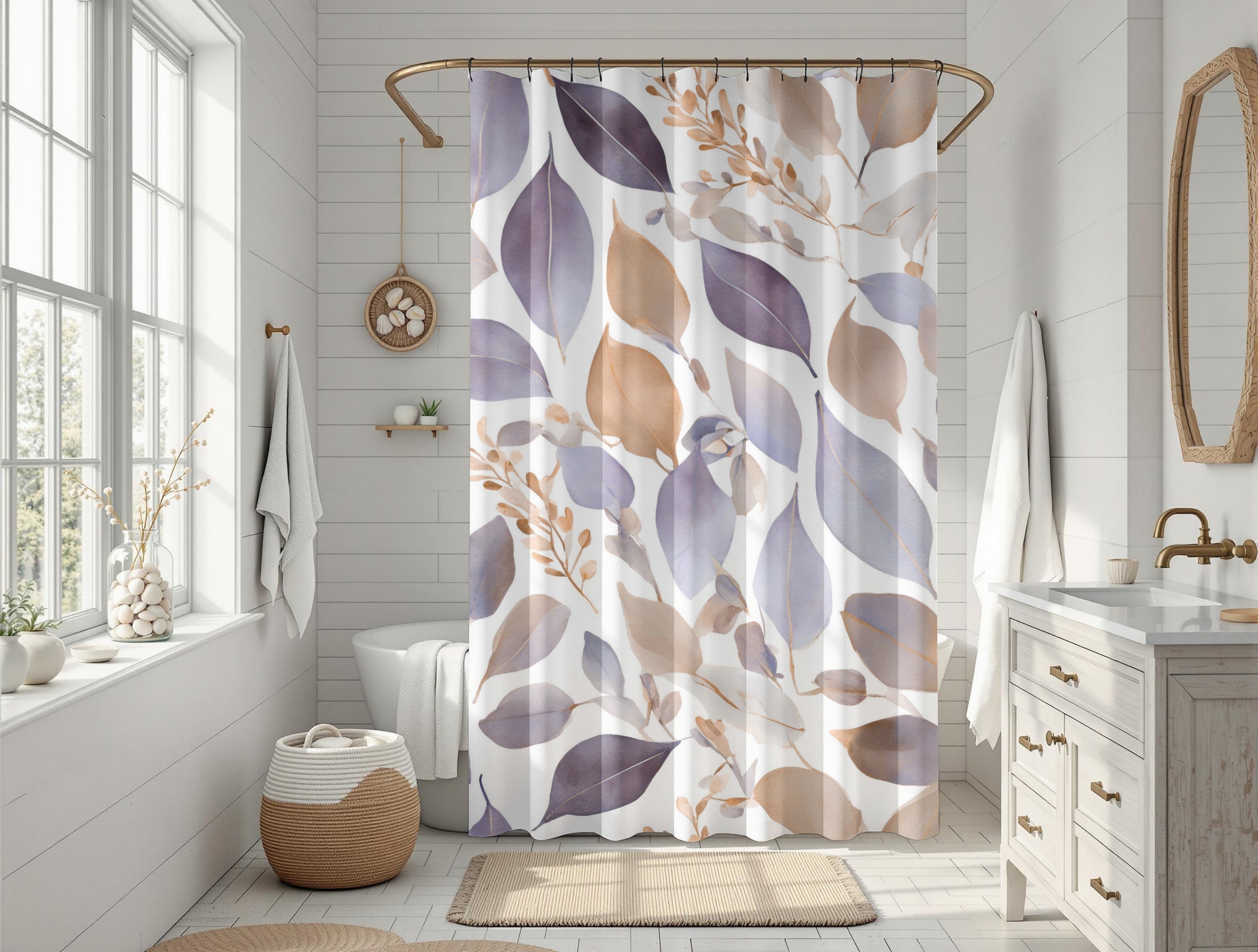 Abstract Shower Curtain | Floral Lavender Purple Beige White Leaves