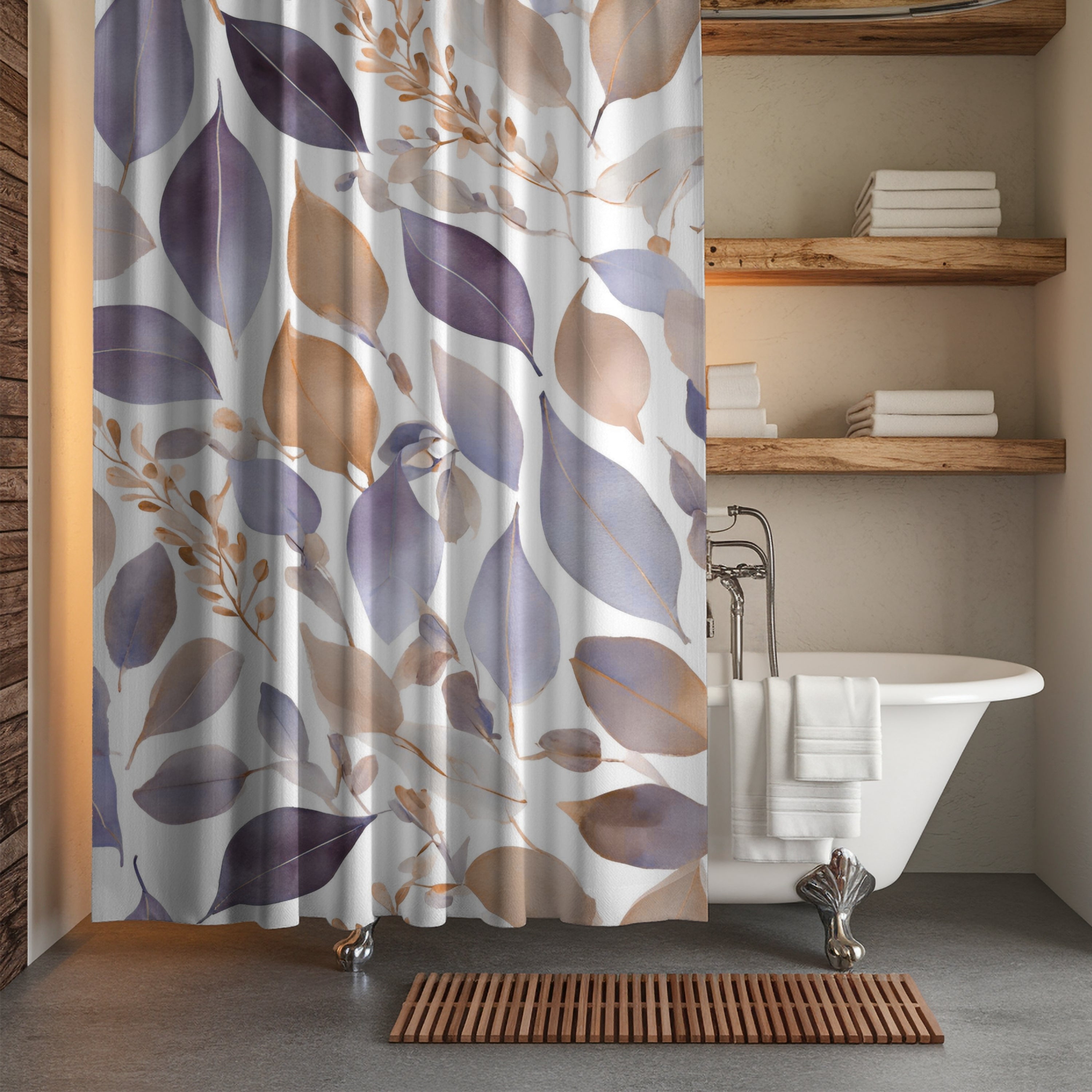 Abstract Shower Curtain | Floral Lavender Purple Beige White Leaves