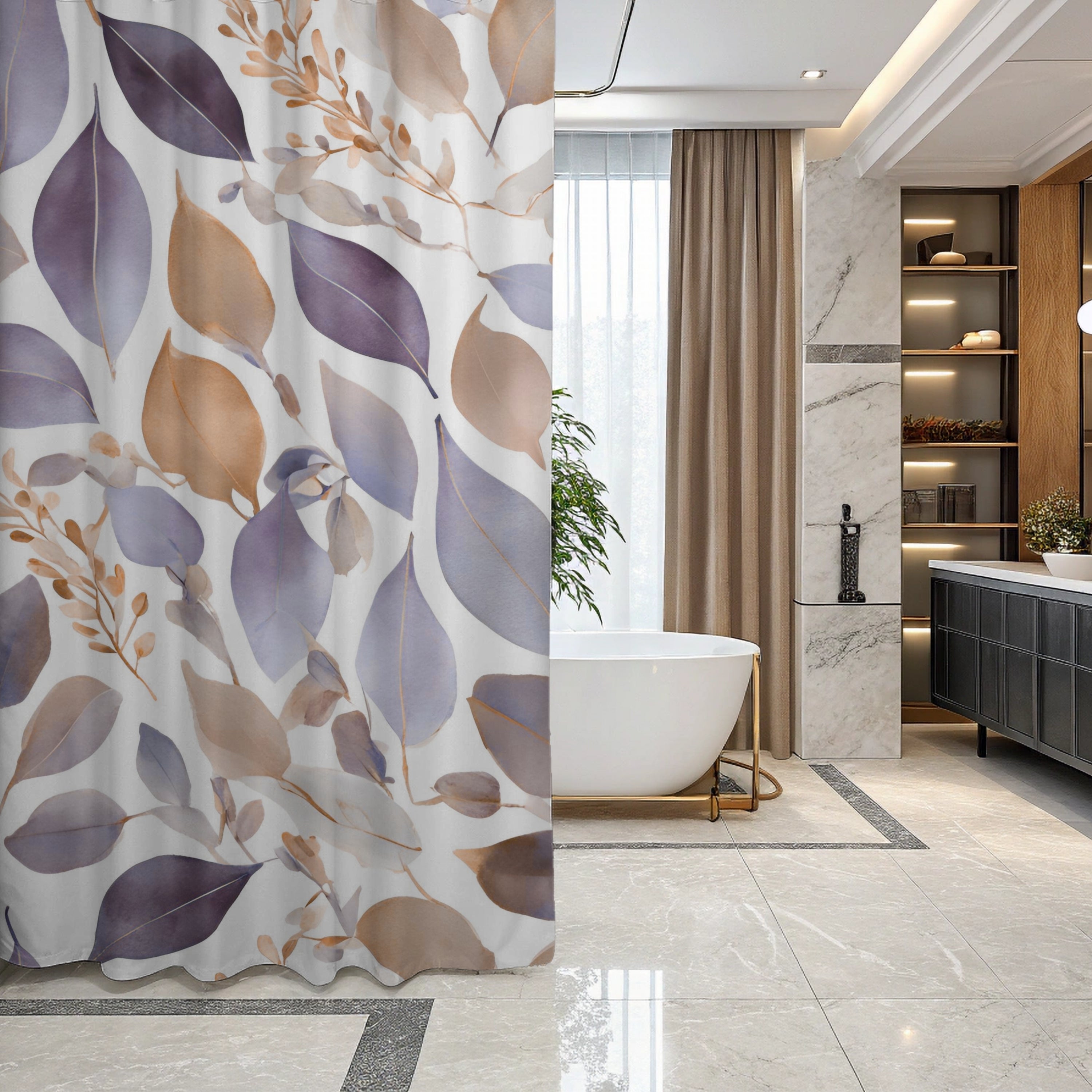 Abstract Shower Curtain | Floral Lavender Purple Beige White Leaves