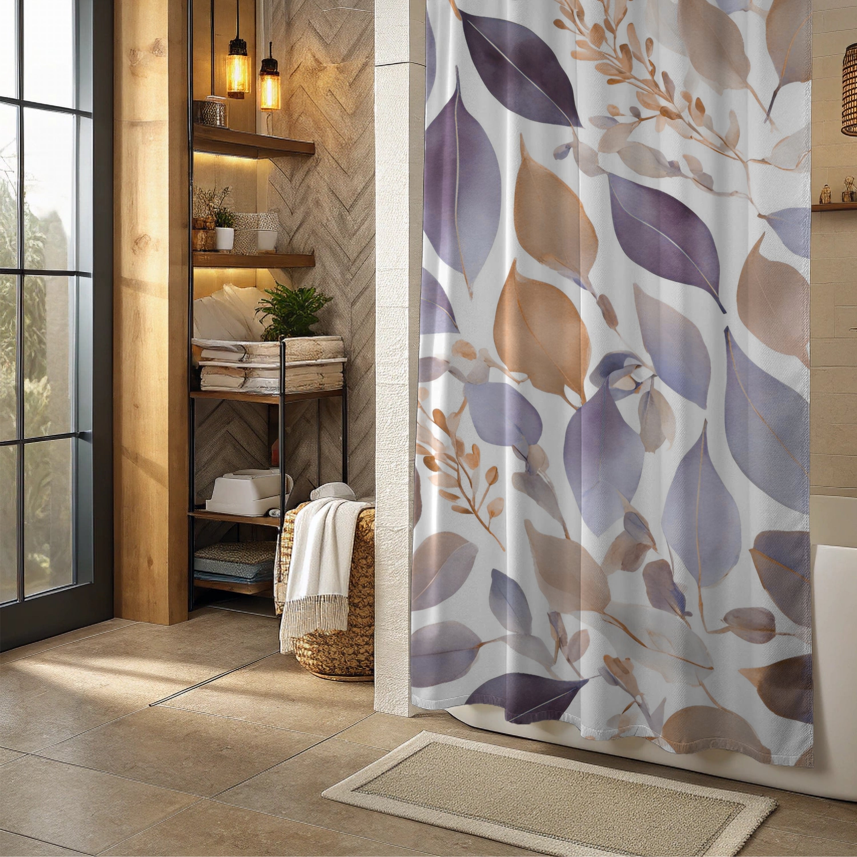 Abstract Shower Curtain | Floral Lavender Purple Beige White Leaves