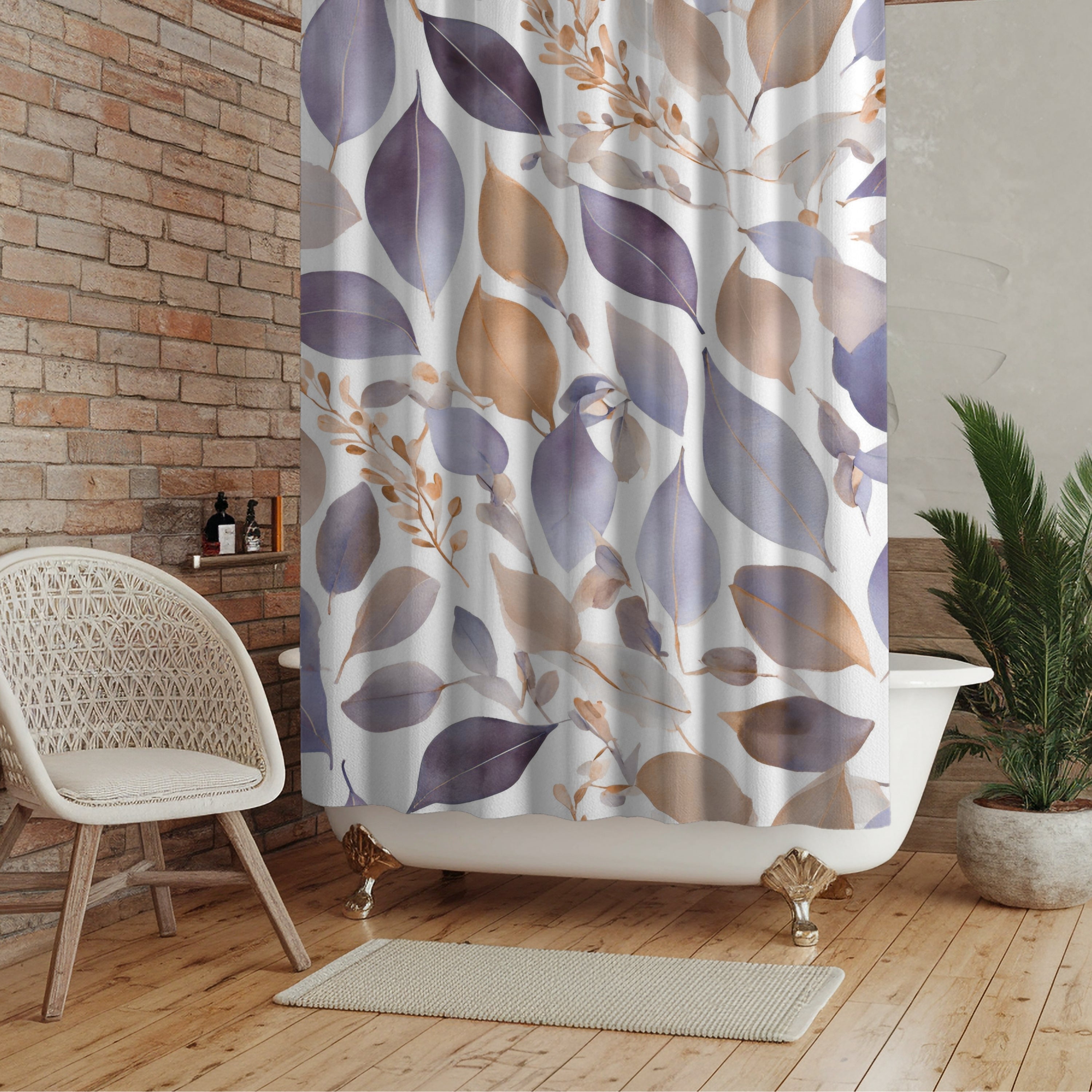 Abstract Shower Curtain | Floral Lavender Purple Beige White Leaves