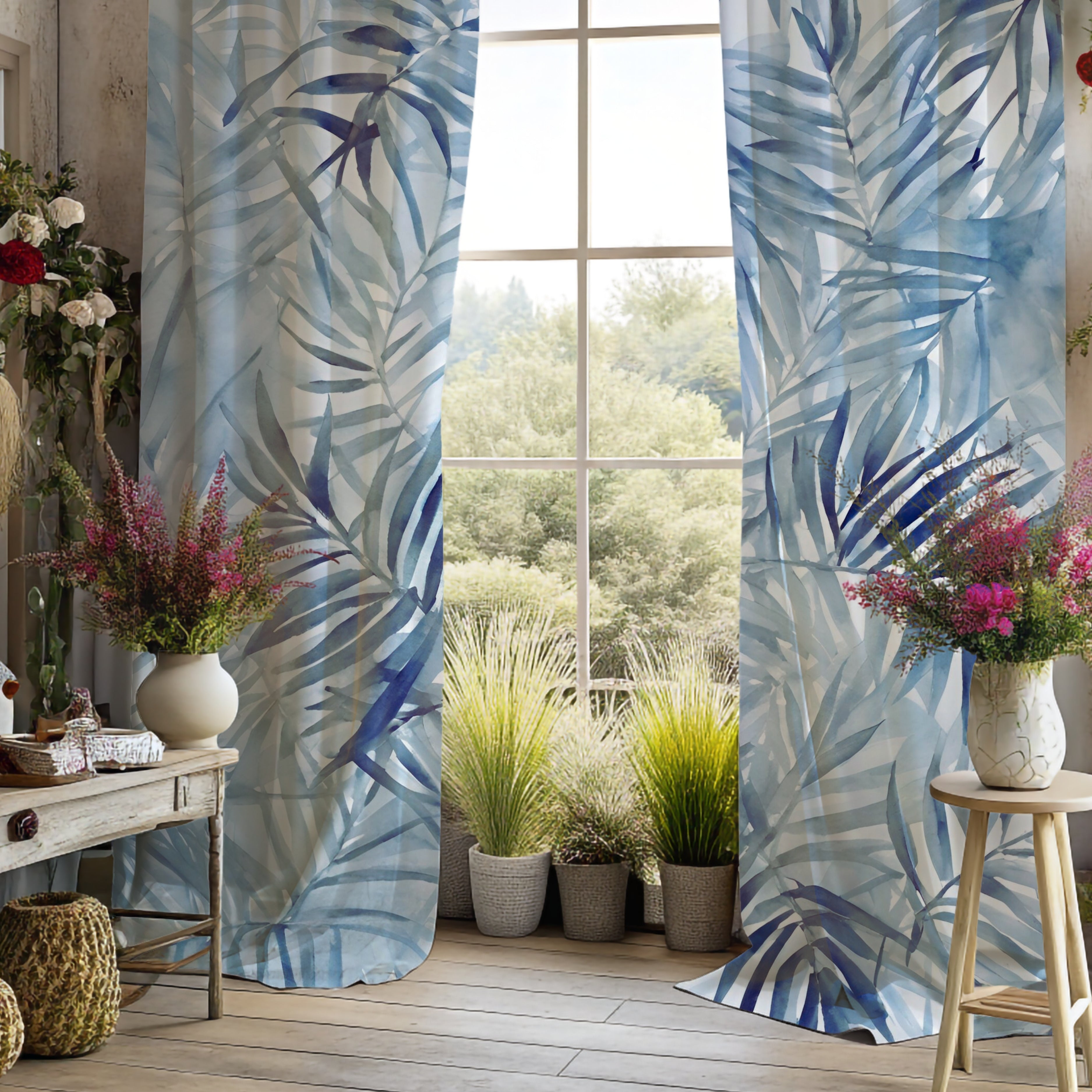 Window Curtains | Pale Blue Leaves Watercolor, 50 X 84 Inches, Bedroom, Living Room Kitchen Blackout, Sheer