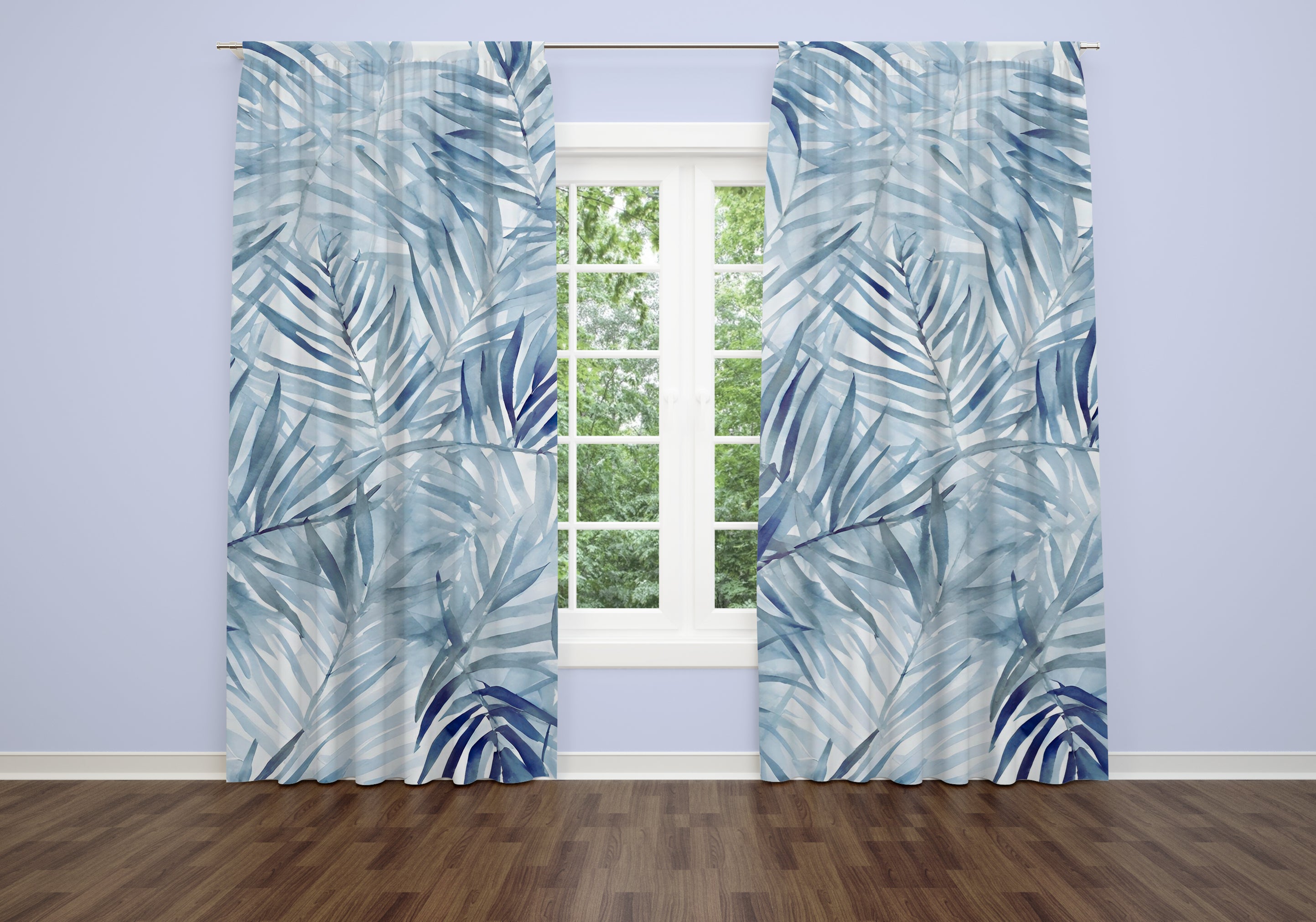 Window Curtains | Pale Blue Leaves Watercolor, 50 X 84 Inches, Bedroom, Living Room Kitchen Blackout, Sheer