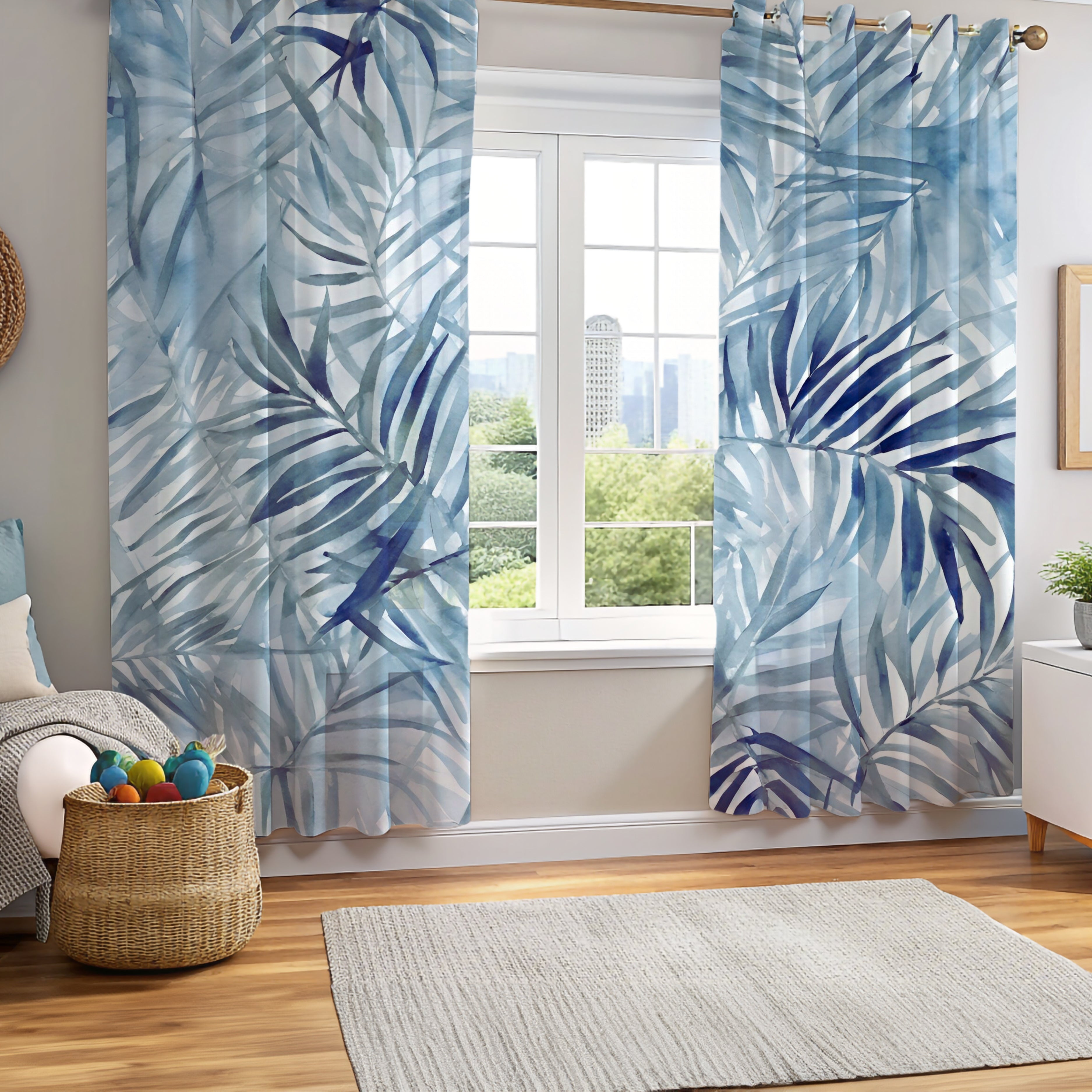 Window Curtains | Pale Blue Leaves Watercolor, 50 X 84 Inches, Bedroom, Living Room Kitchen Blackout, Sheer