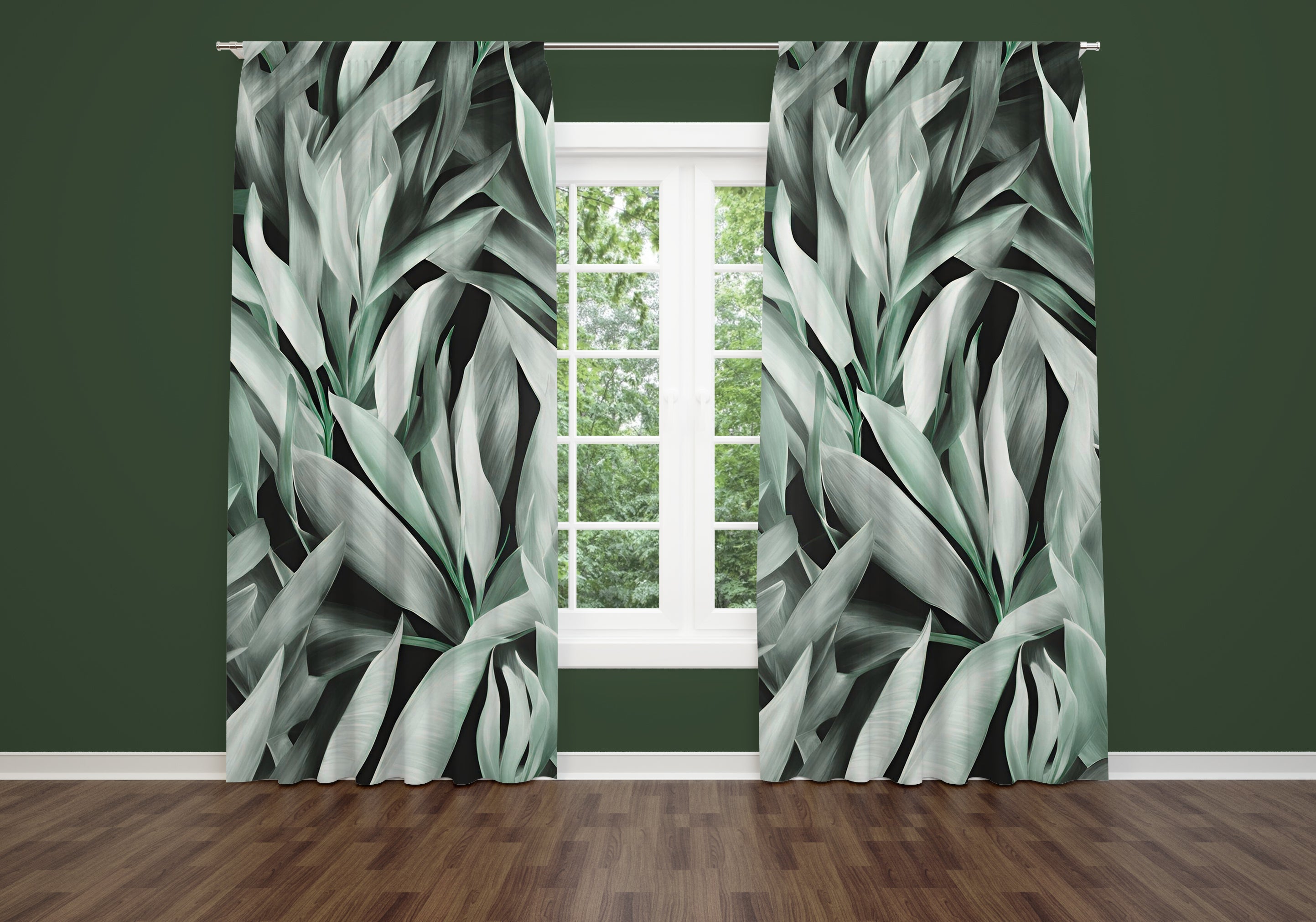 Window Curtains | Green Grey White Leaves Watercolor, 50 X 84 Inches, Bedroom, Living Room Kitchen Blackout, Sheer