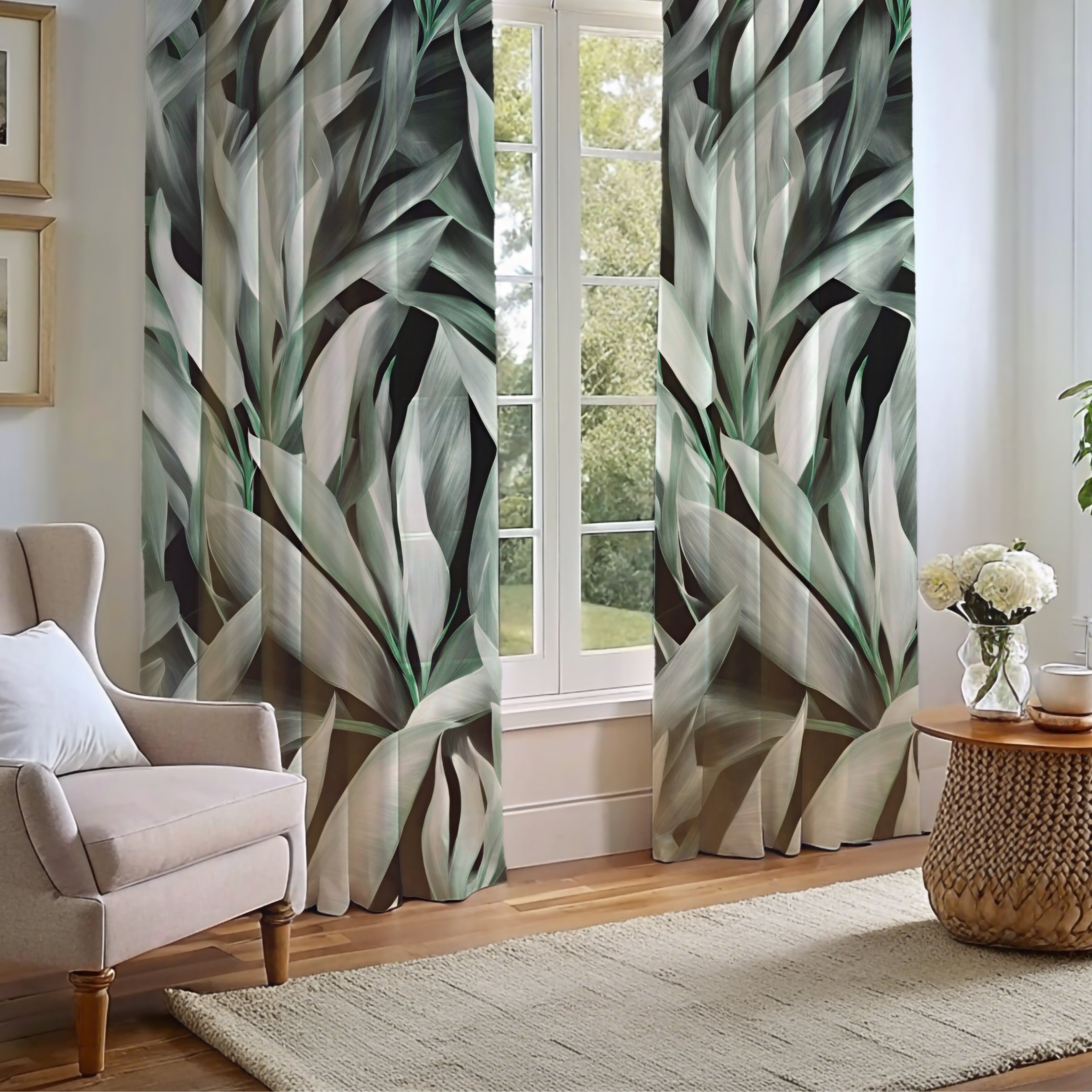 Window Curtains | Green Grey White Leaves Watercolor, 50 X 84 Inches, Bedroom, Living Room Kitchen Blackout, Sheer