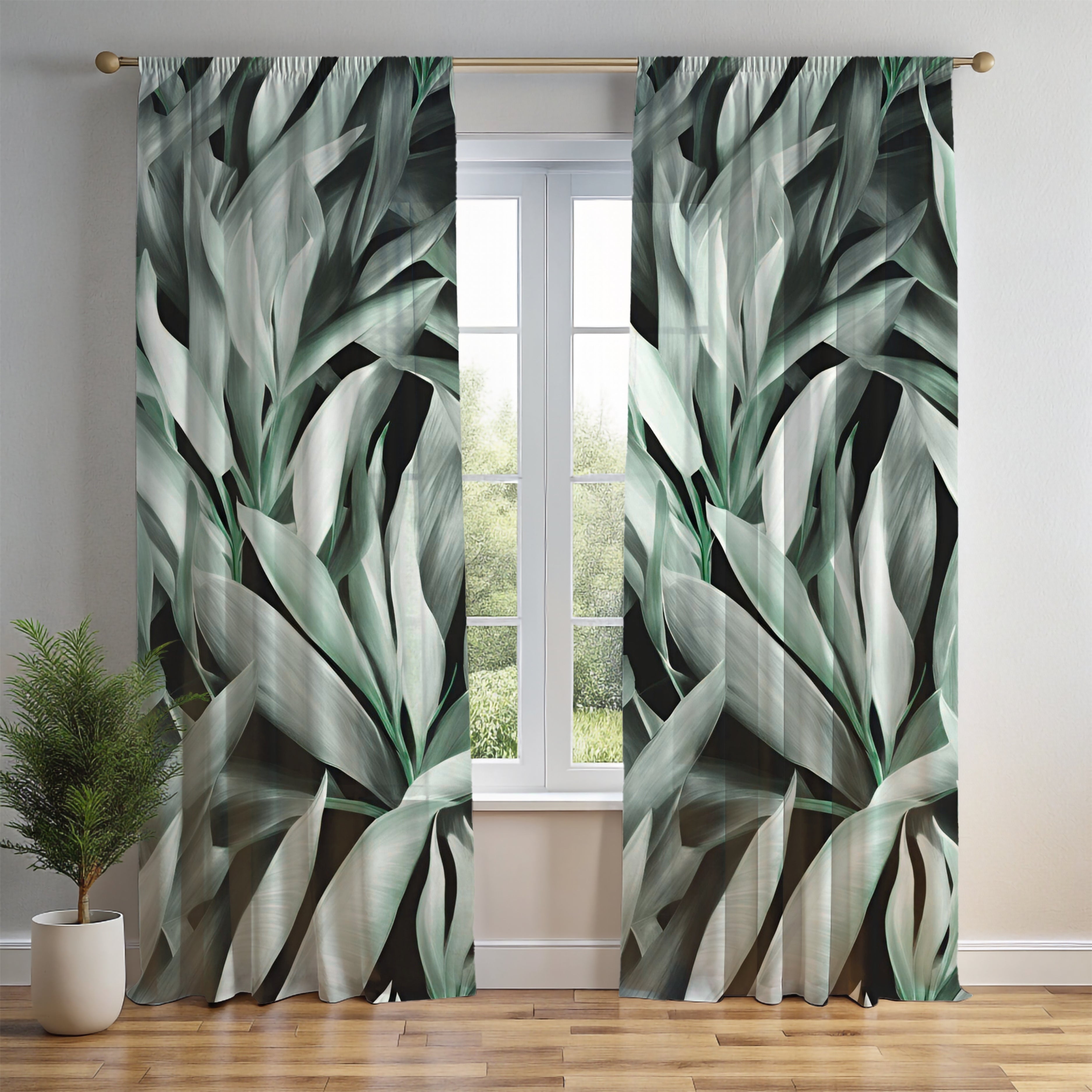 Window Curtains | Green Grey White Leaves Watercolor, 50 X 84 Inches, Bedroom, Living Room Kitchen Blackout, Sheer