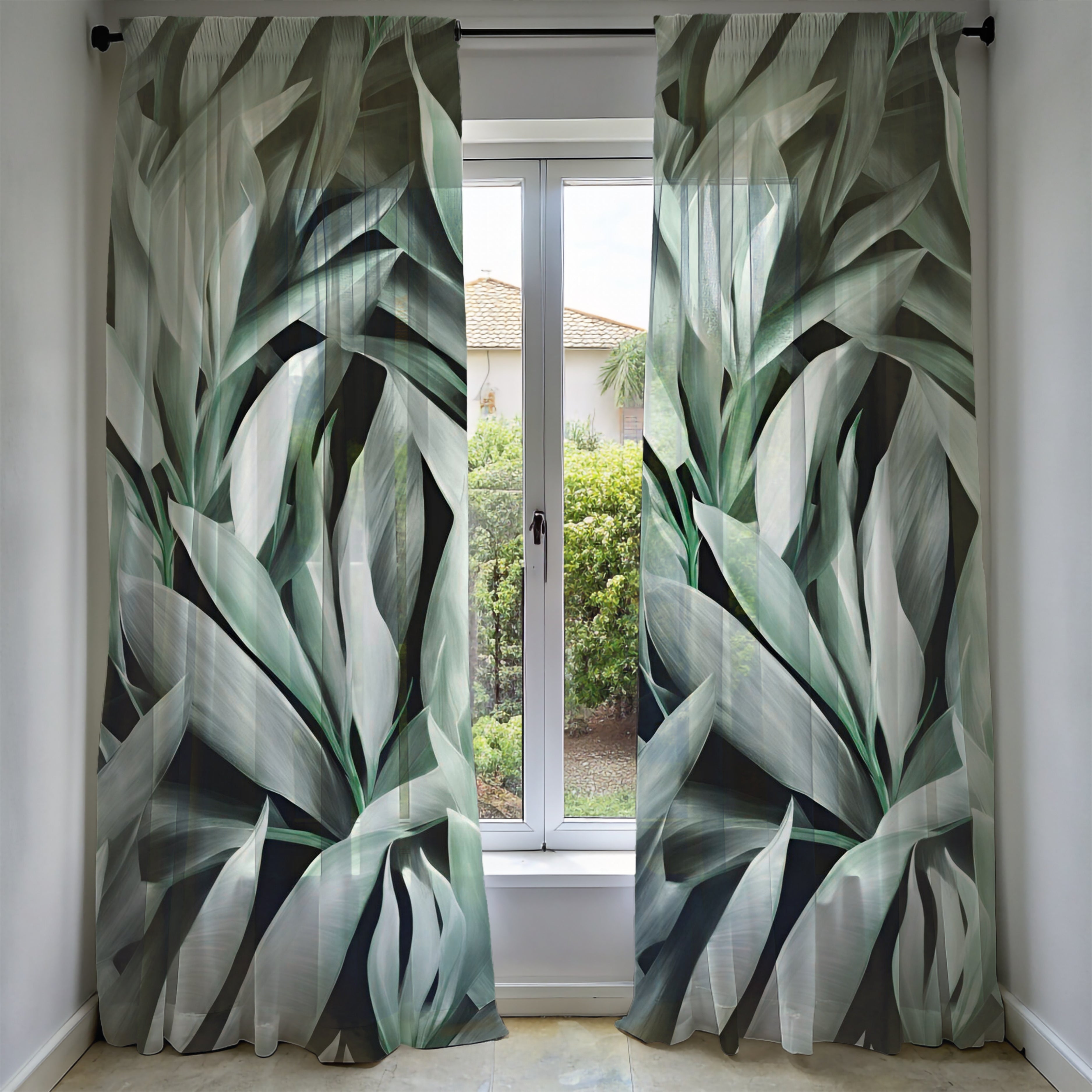 Window Curtains | Green Grey White Leaves Watercolor, 50 X 84 Inches, Bedroom, Living Room Kitchen Blackout, Sheer
