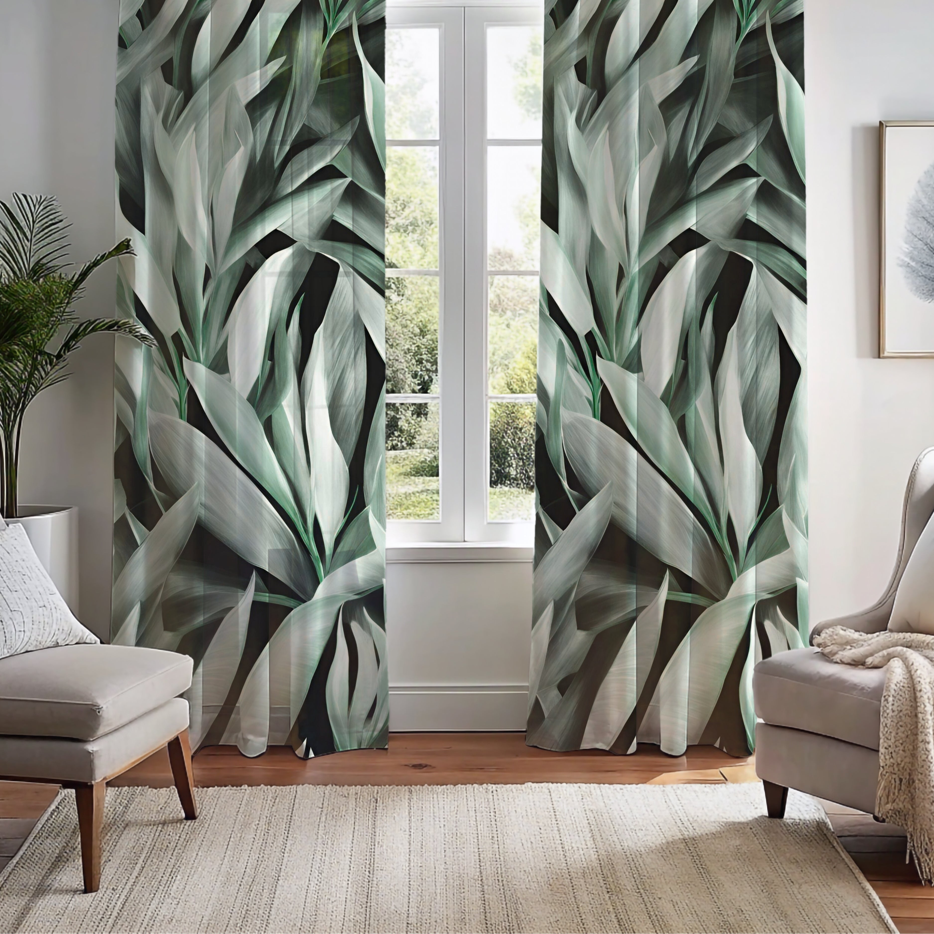 Window Curtains | Green Grey White Leaves Watercolor, 50 X 84 Inches, Bedroom, Living Room Kitchen Blackout, Sheer