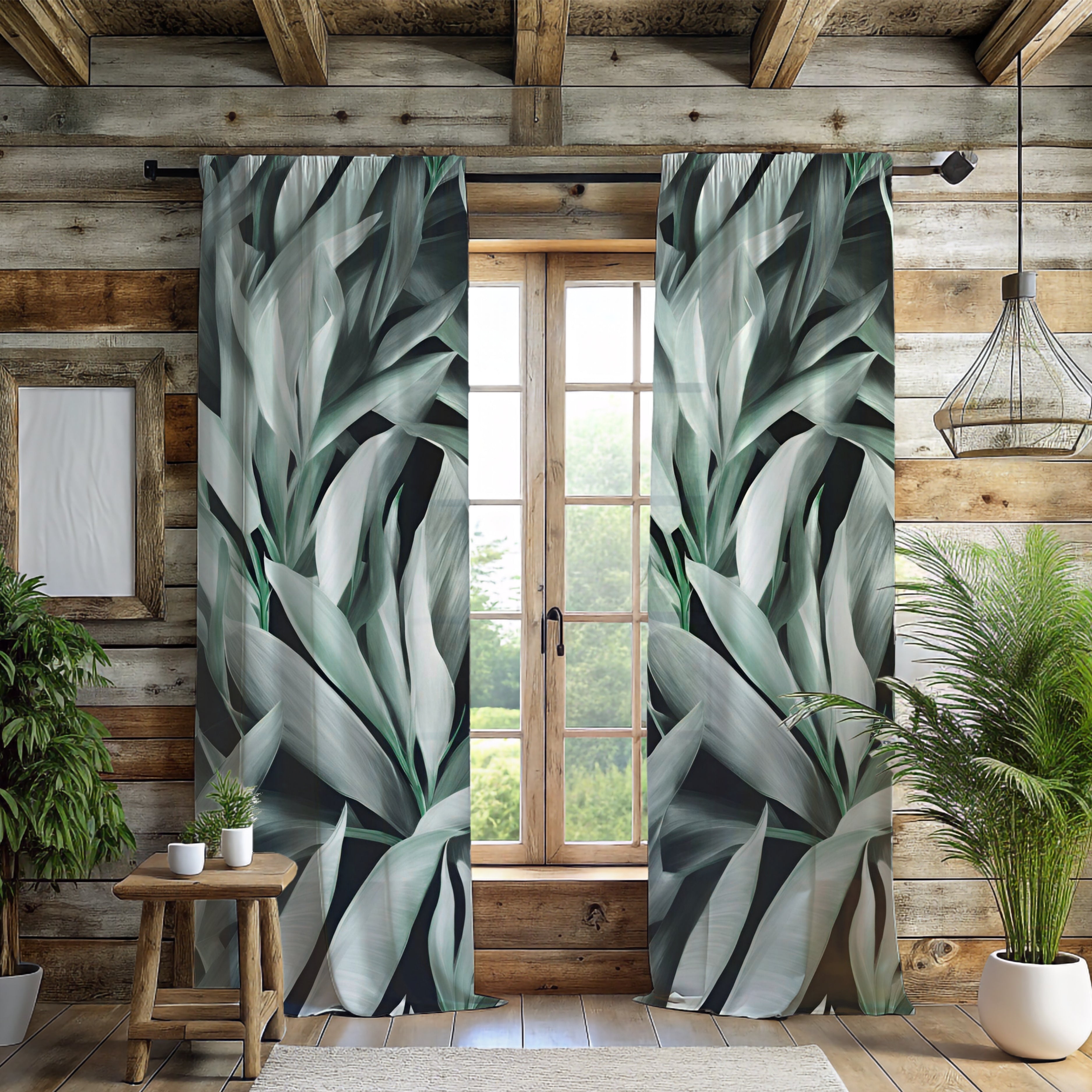 Window Curtains | Green Grey White Leaves Watercolor, 50 X 84 Inches, Bedroom, Living Room Kitchen Blackout, Sheer