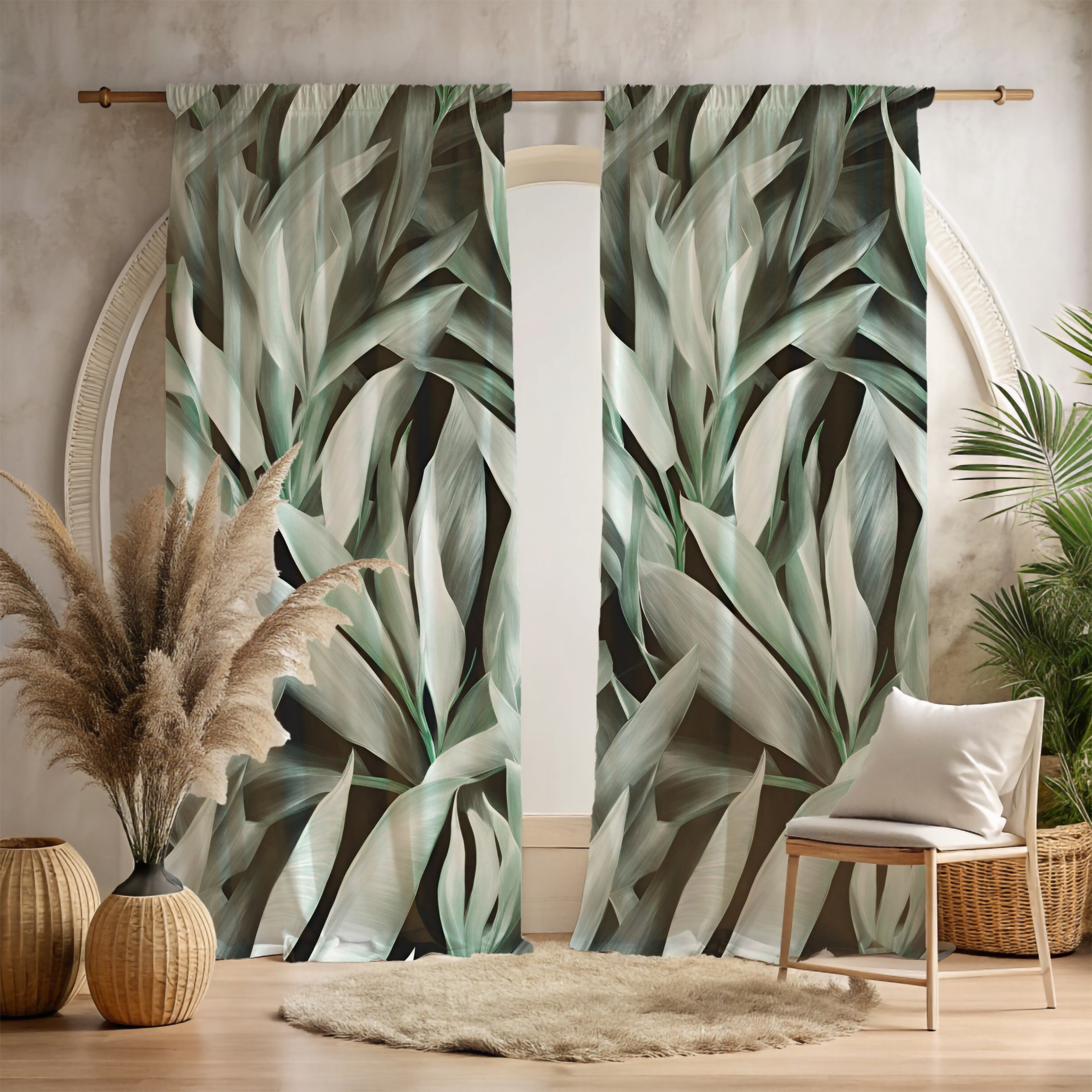 Window Curtains | Green Grey White Leaves Watercolor, 50 X 84 Inches, Bedroom, Living Room Kitchen Blackout, Sheer