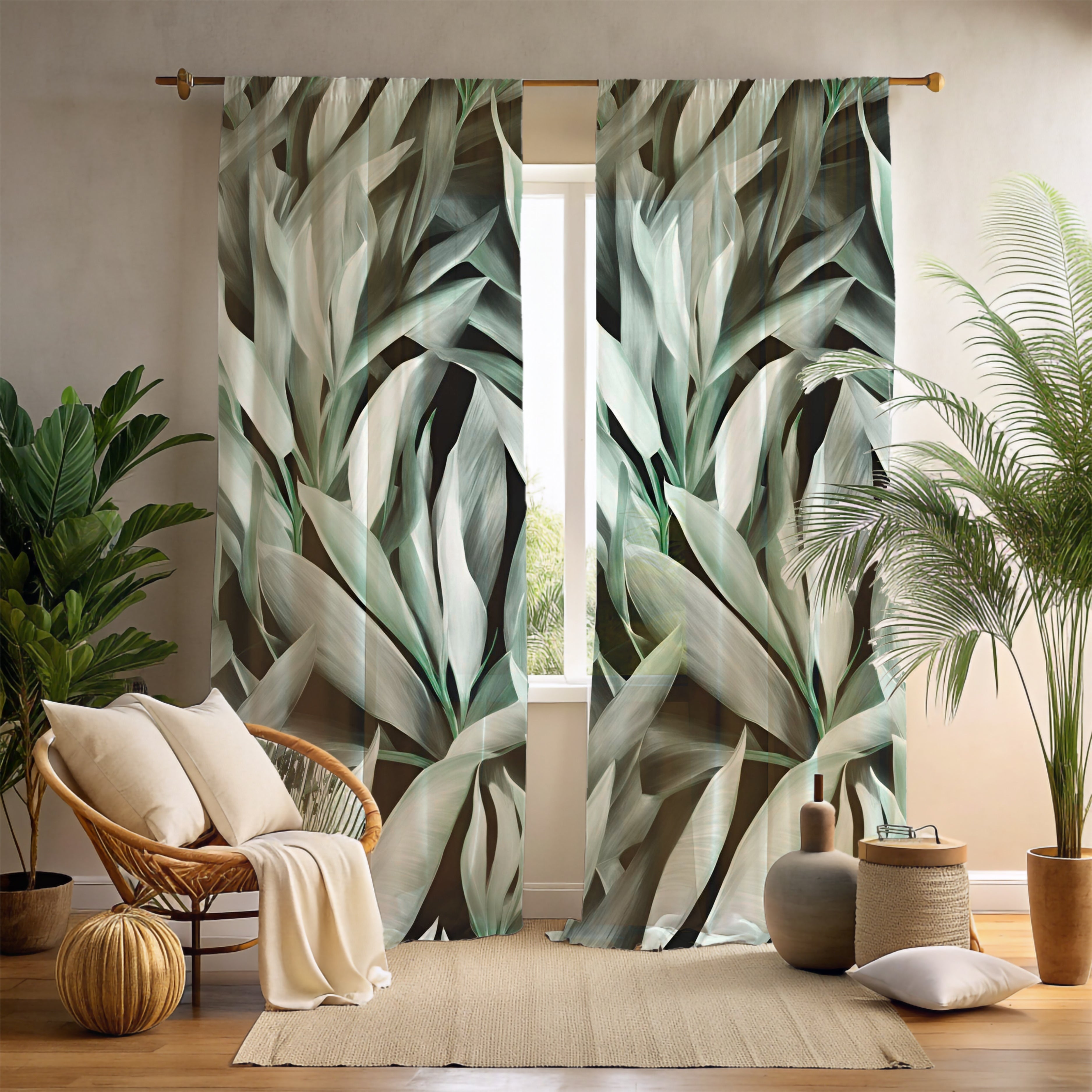 Window Curtains | Green Grey White Leaves Watercolor, 50 X 84 Inches, Bedroom, Living Room Kitchen Blackout, Sheer