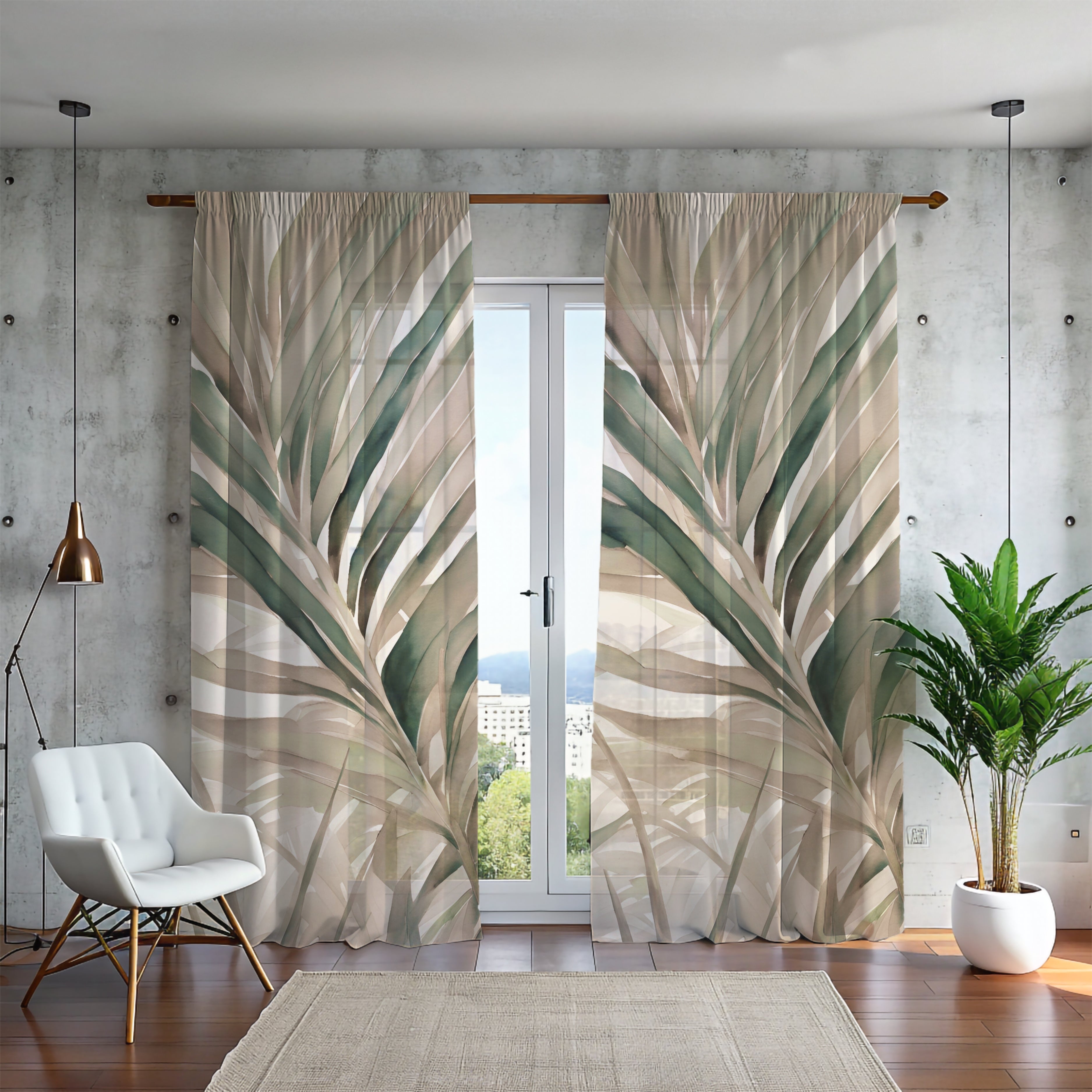 Window Curtains | Beige Green Leaves Watercolor, 50 X 84 Inches, Blackout, Sheer