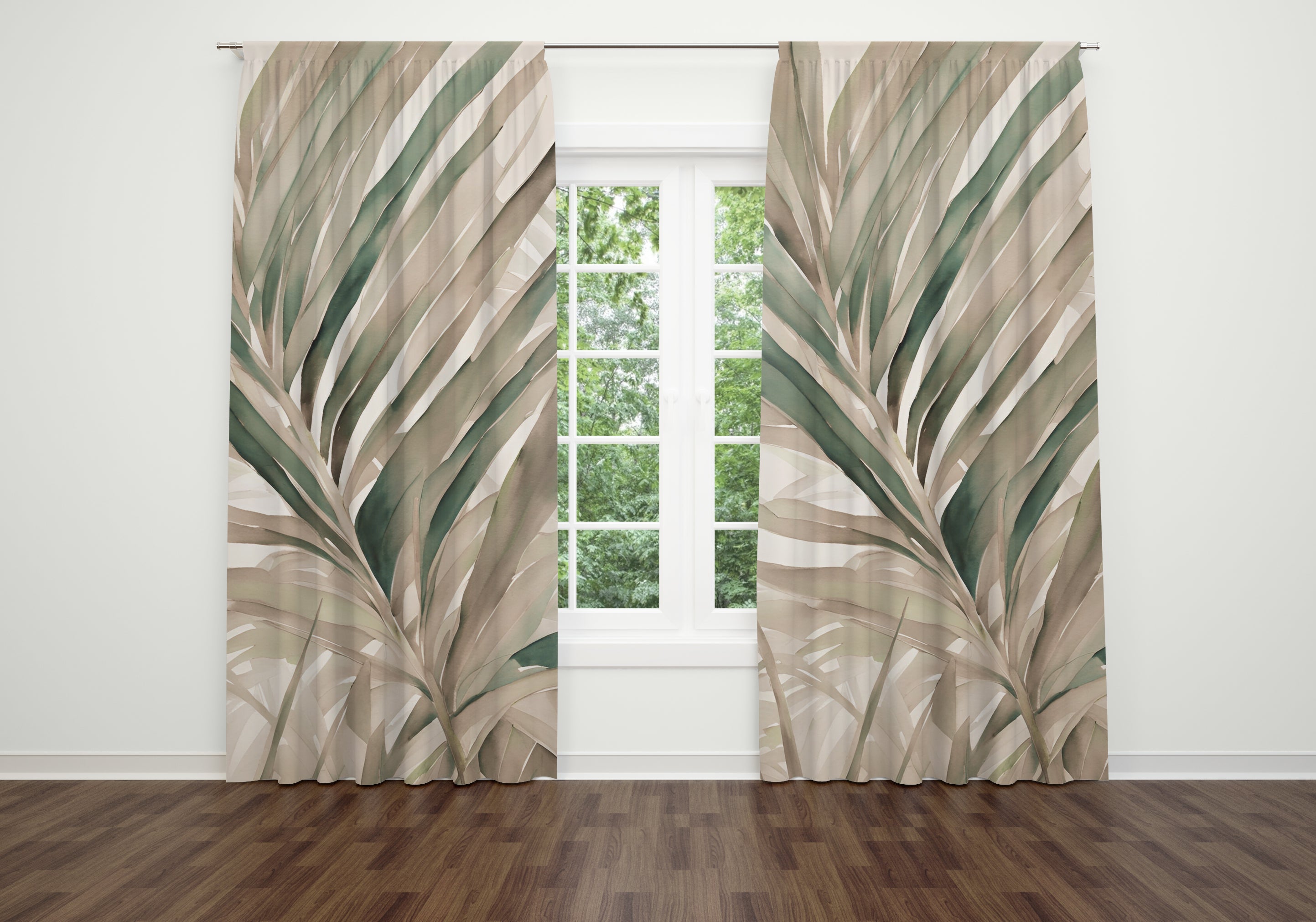 Window Curtains | Beige Green Leaves Watercolor, 50 X 84 Inches, Blackout, Sheer