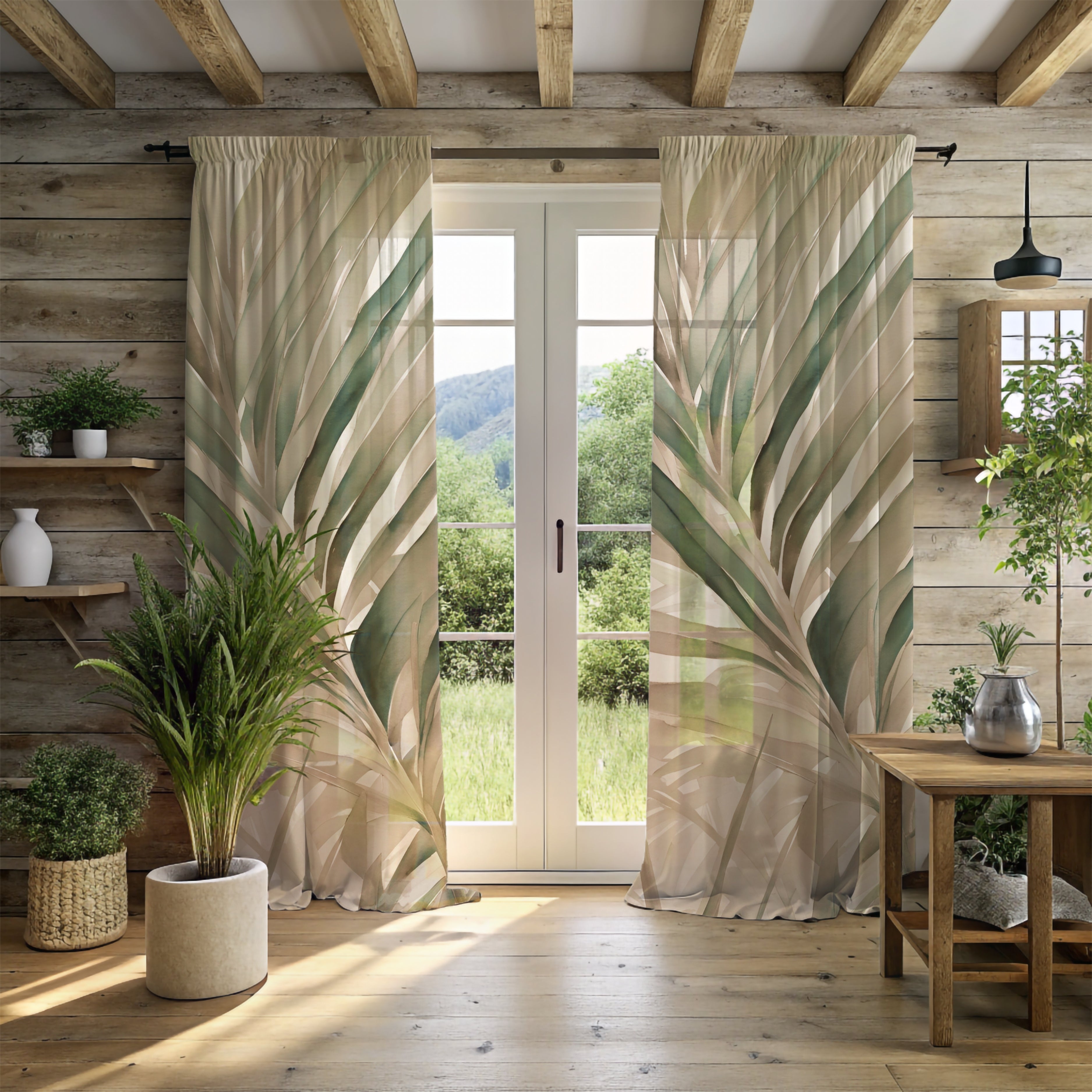 Window Curtains | Beige Green Leaves Watercolor, 50 X 84 Inches, Blackout, Sheer