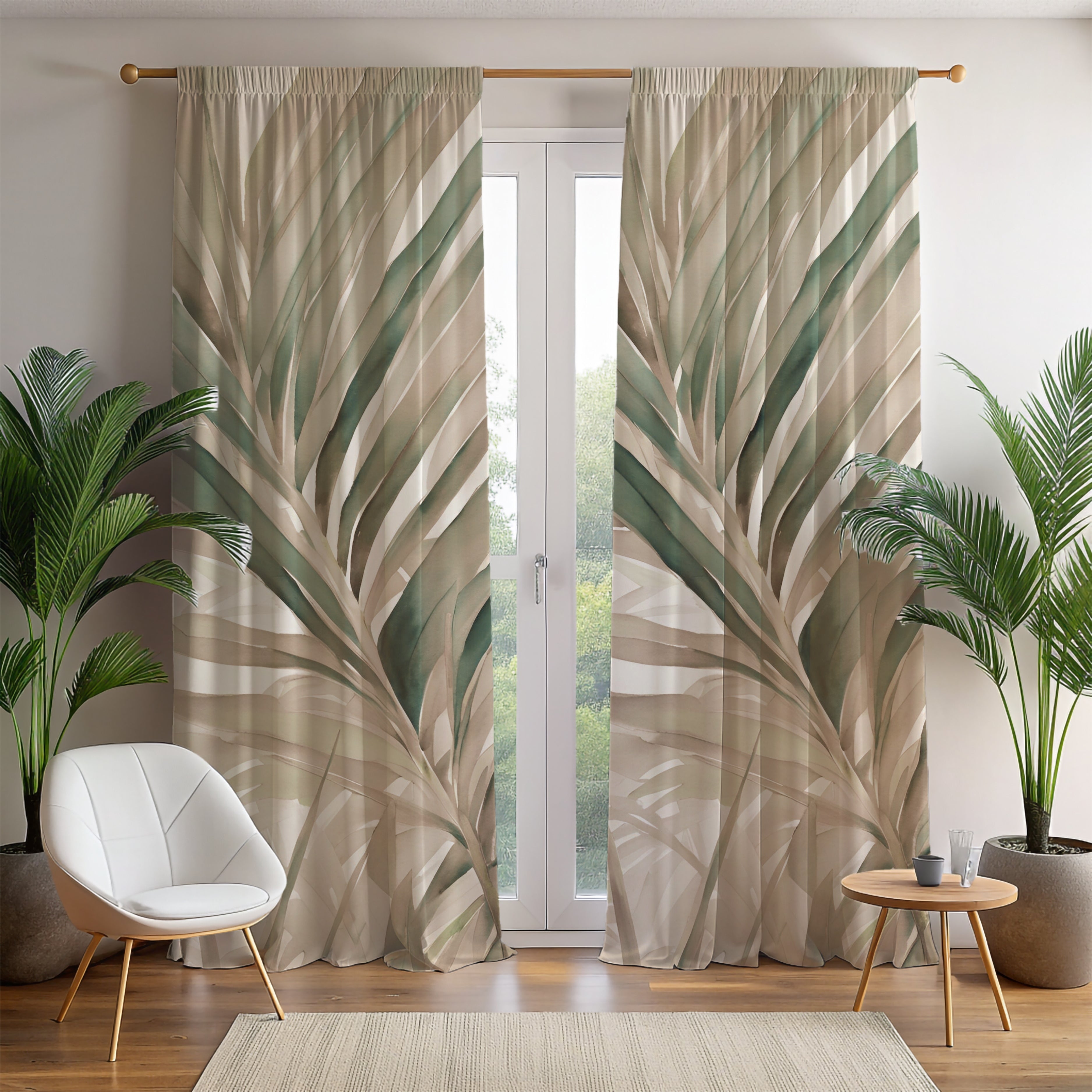 Window Curtains | Beige Green Leaves Watercolor, 50 X 84 Inches, Blackout, Sheer