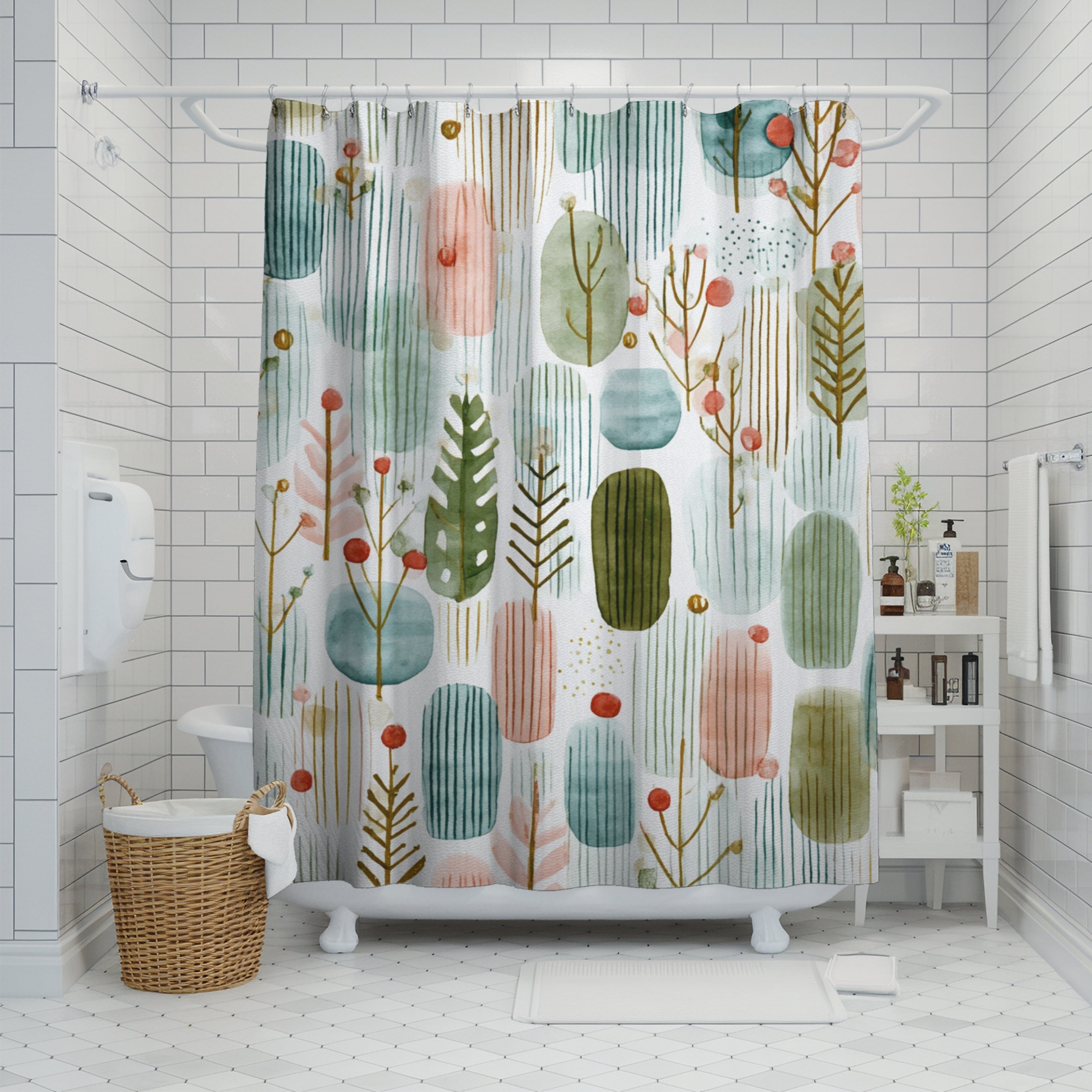 Boho Shower Curtain | Winter Watercolor Pastel Green White Leaves