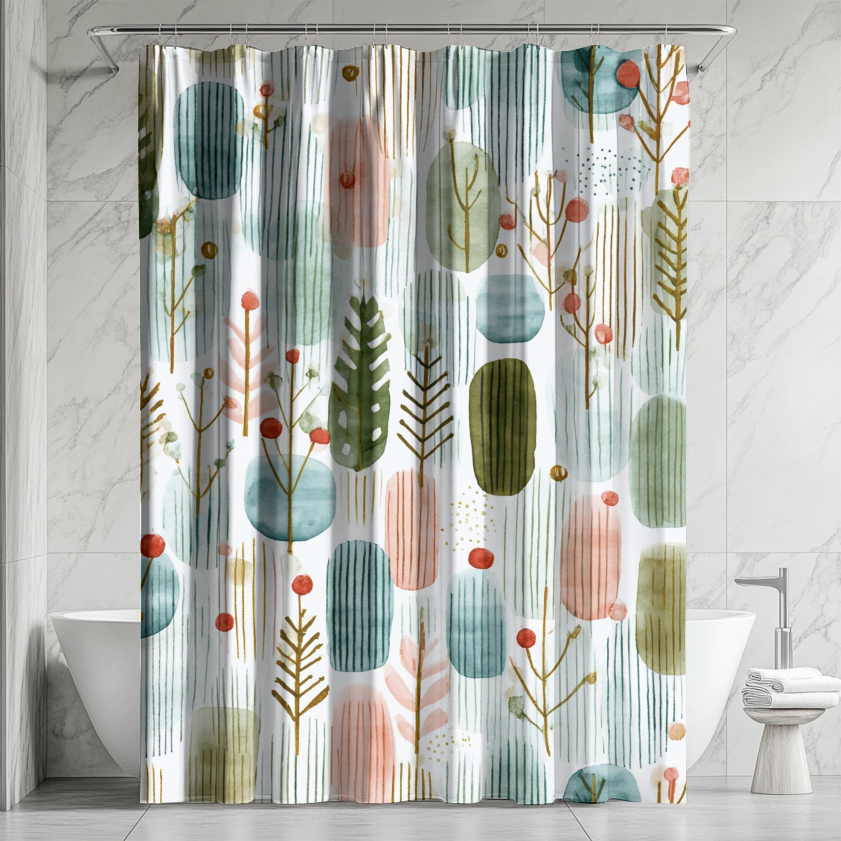 Boho Shower Curtain | Winter Watercolor Pastel Green White Leaves