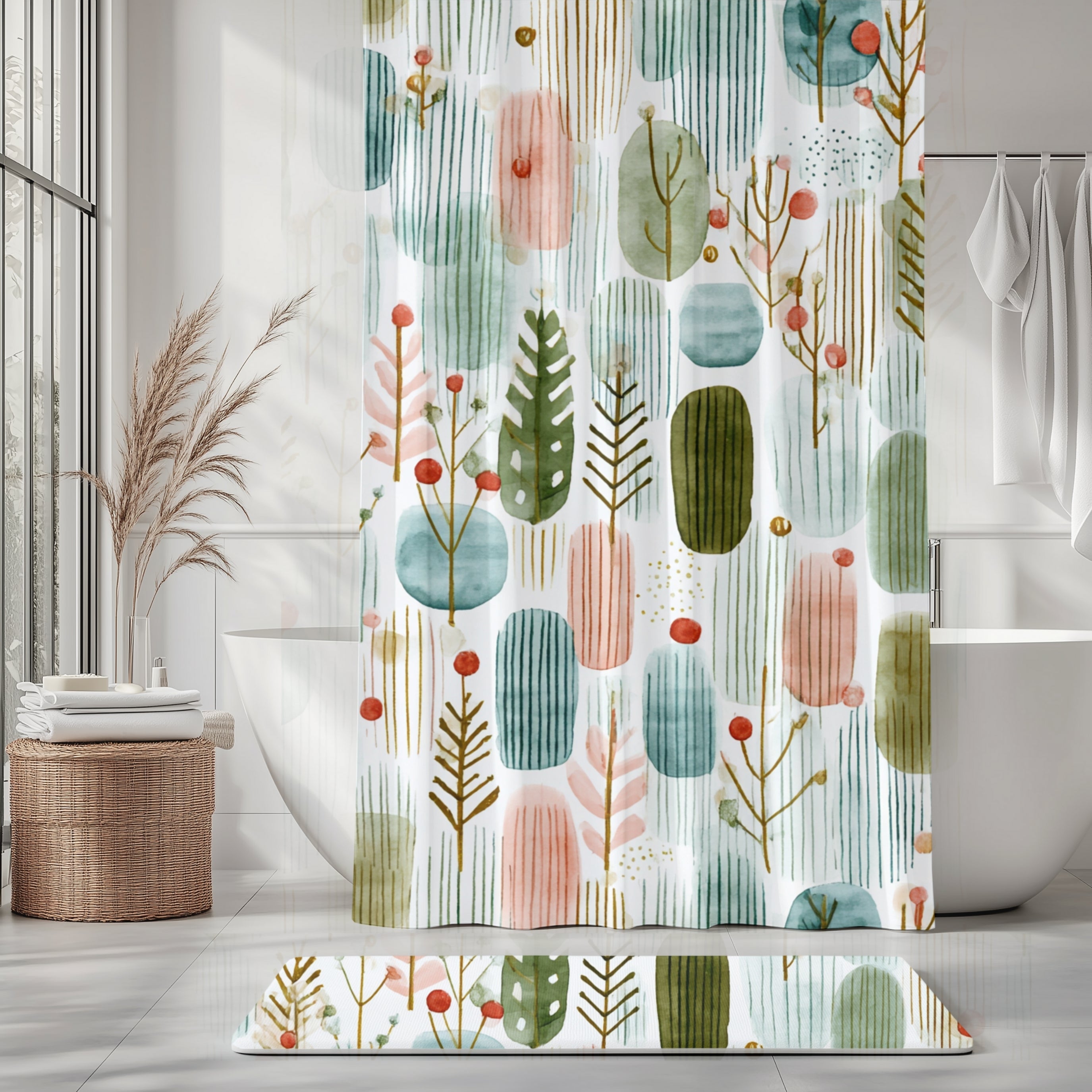 Boho Shower Curtain | Winter Watercolor Pastel Green White Leaves