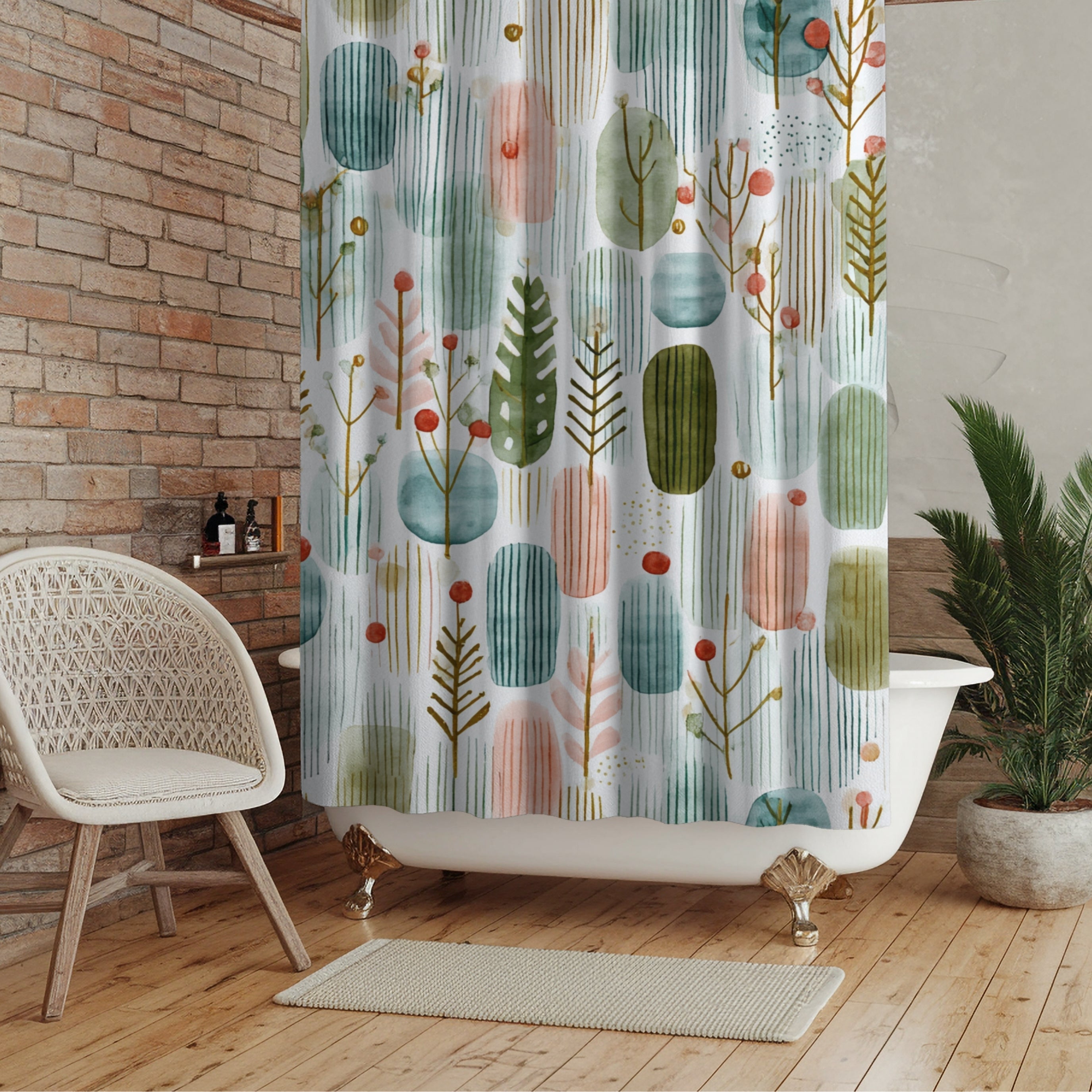 Boho Shower Curtain | Winter Watercolor Pastel Green White Leaves