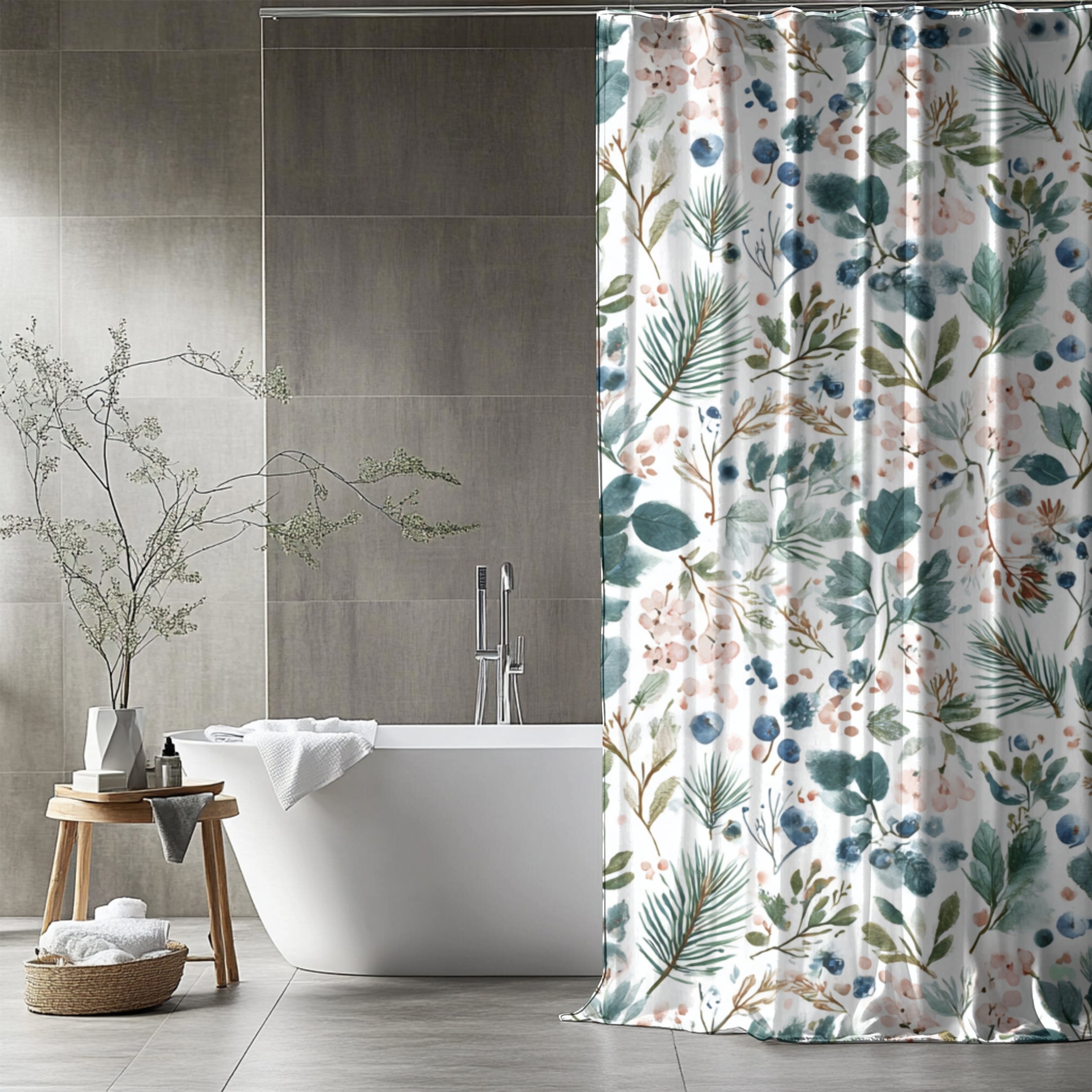 Boho Shower Curtain | Winter Watercolor Leaves