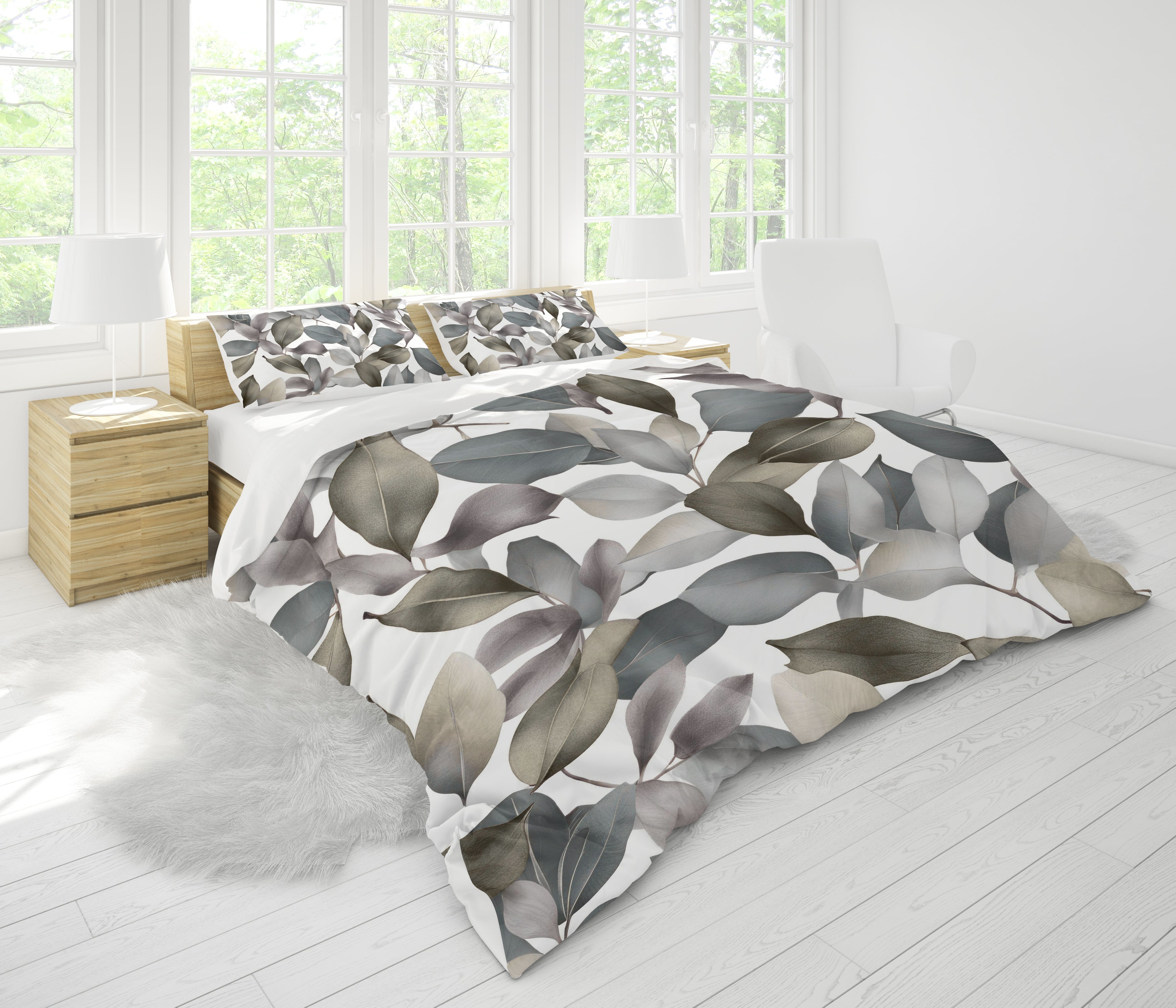 Floral Duvet, Pillow Cover | Beige Grey White Leaves Bedroom Decor