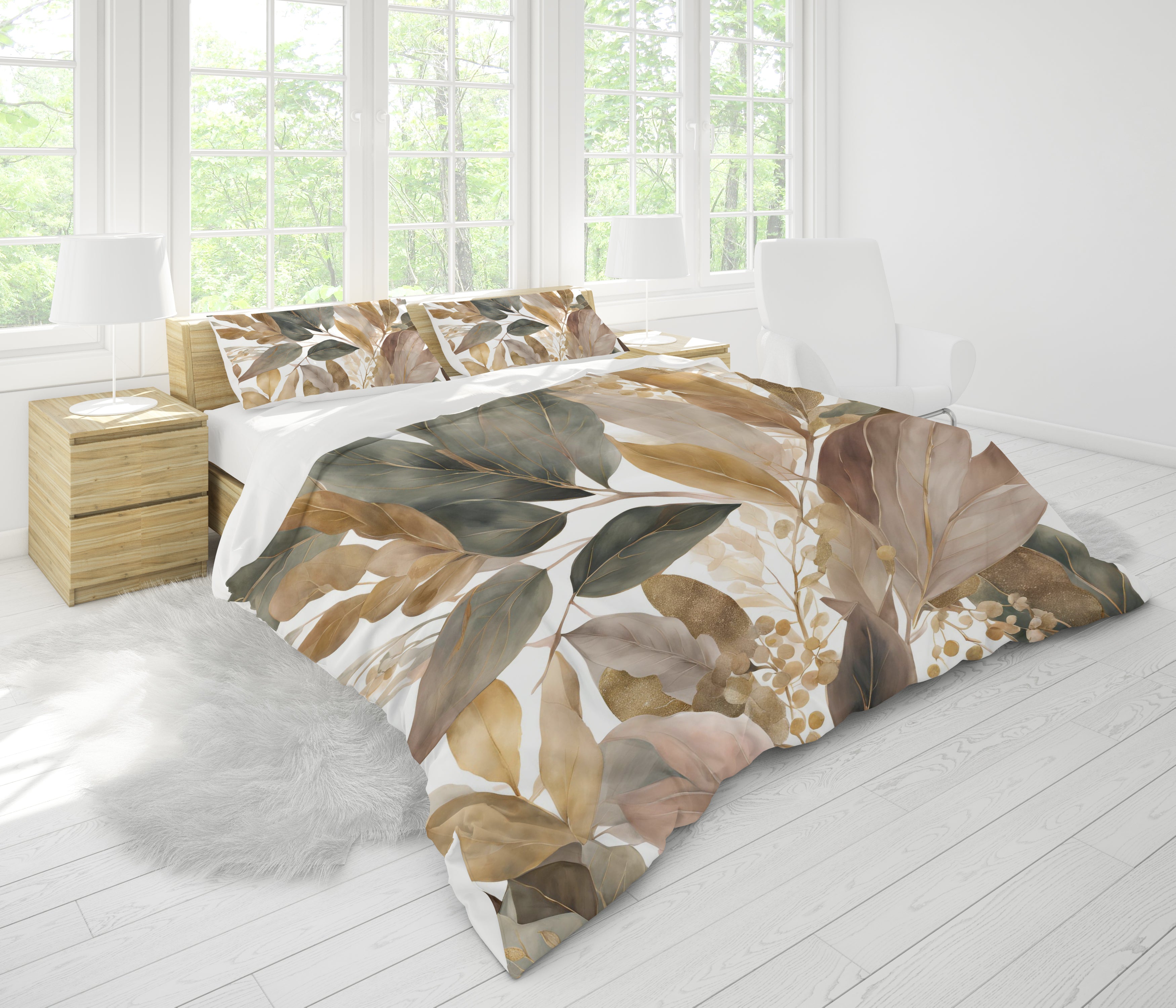 Floral Duvet, Pillow Cover | Beige Grey White Leaves Bedroom Decor