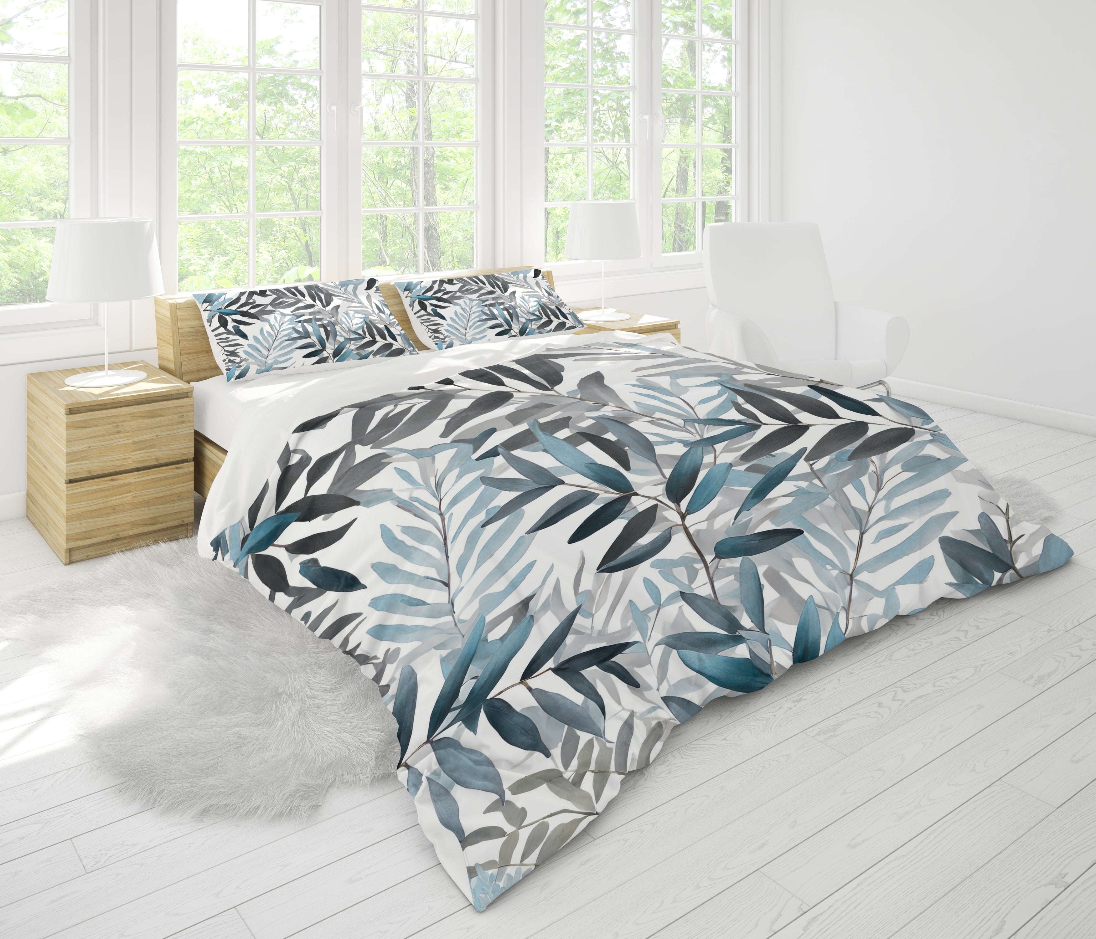 Floral Duvet, Pillow Cover | Blue Grey White Leaves Bedroom Decor