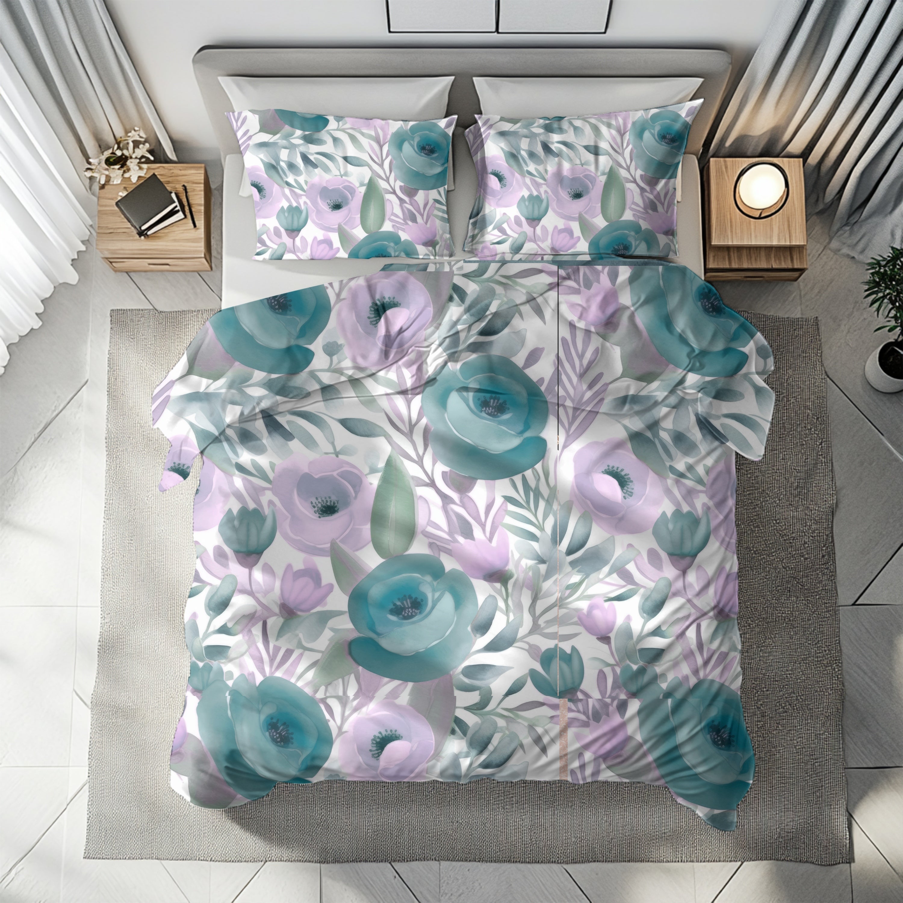 Abstract Floral Duvet, Pillow Cover | Lavender Teal Green Bedroom Decor