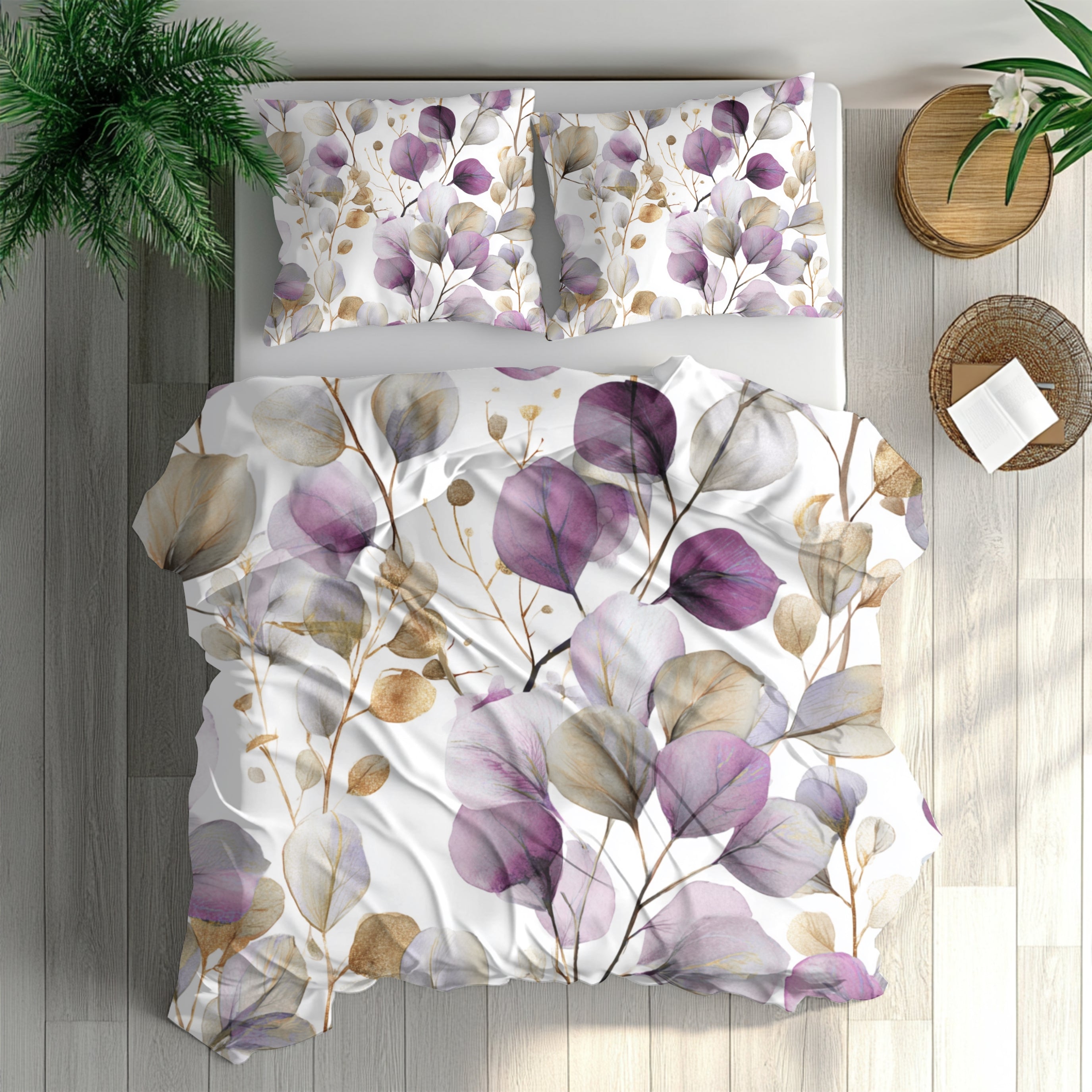 Floral Cotton Duvet, Pillow Cover | Purple Eucalyptus Leaves Bedroom Decor