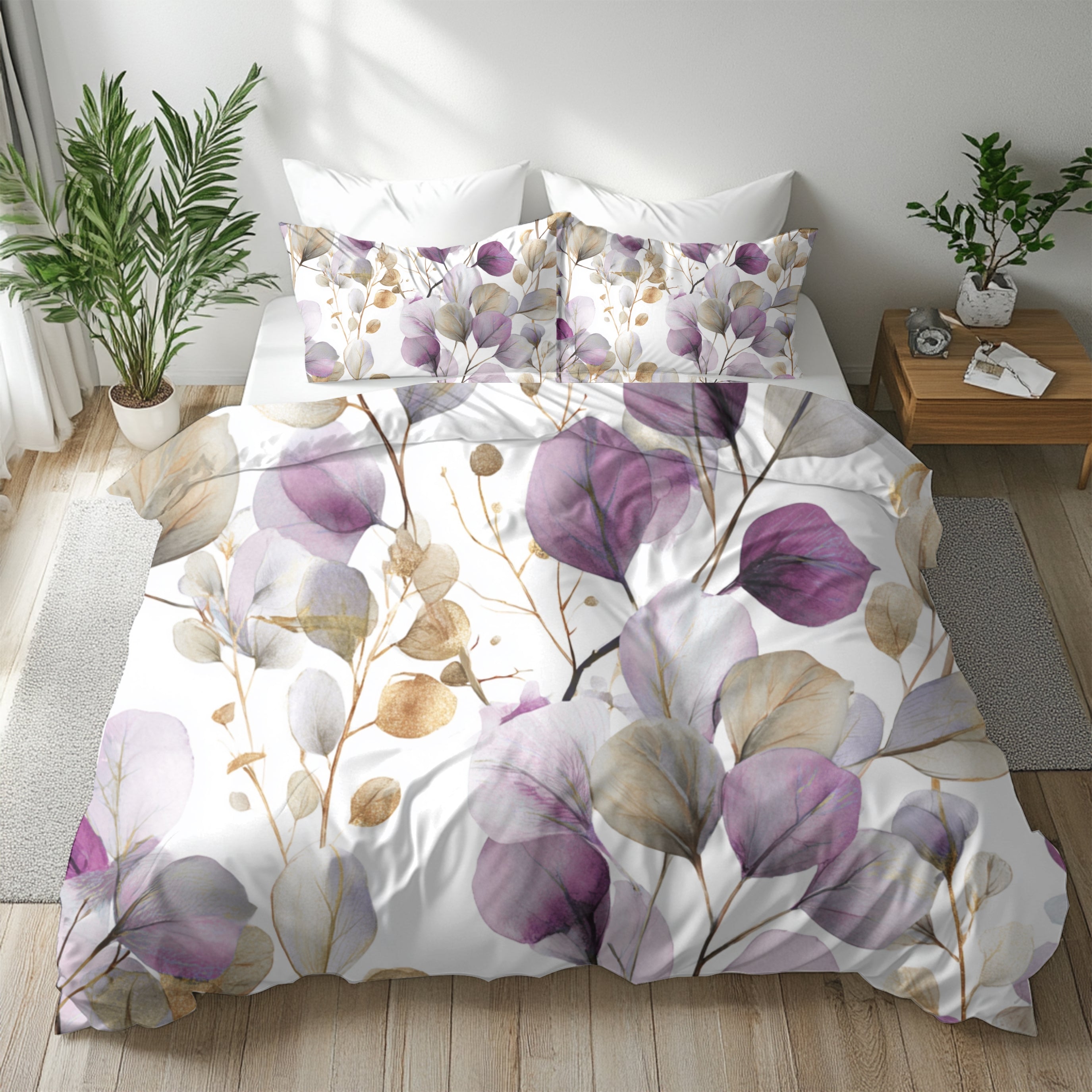 Floral Cotton Duvet, Pillow Cover | Purple Eucalyptus Leaves Bedroom Decor