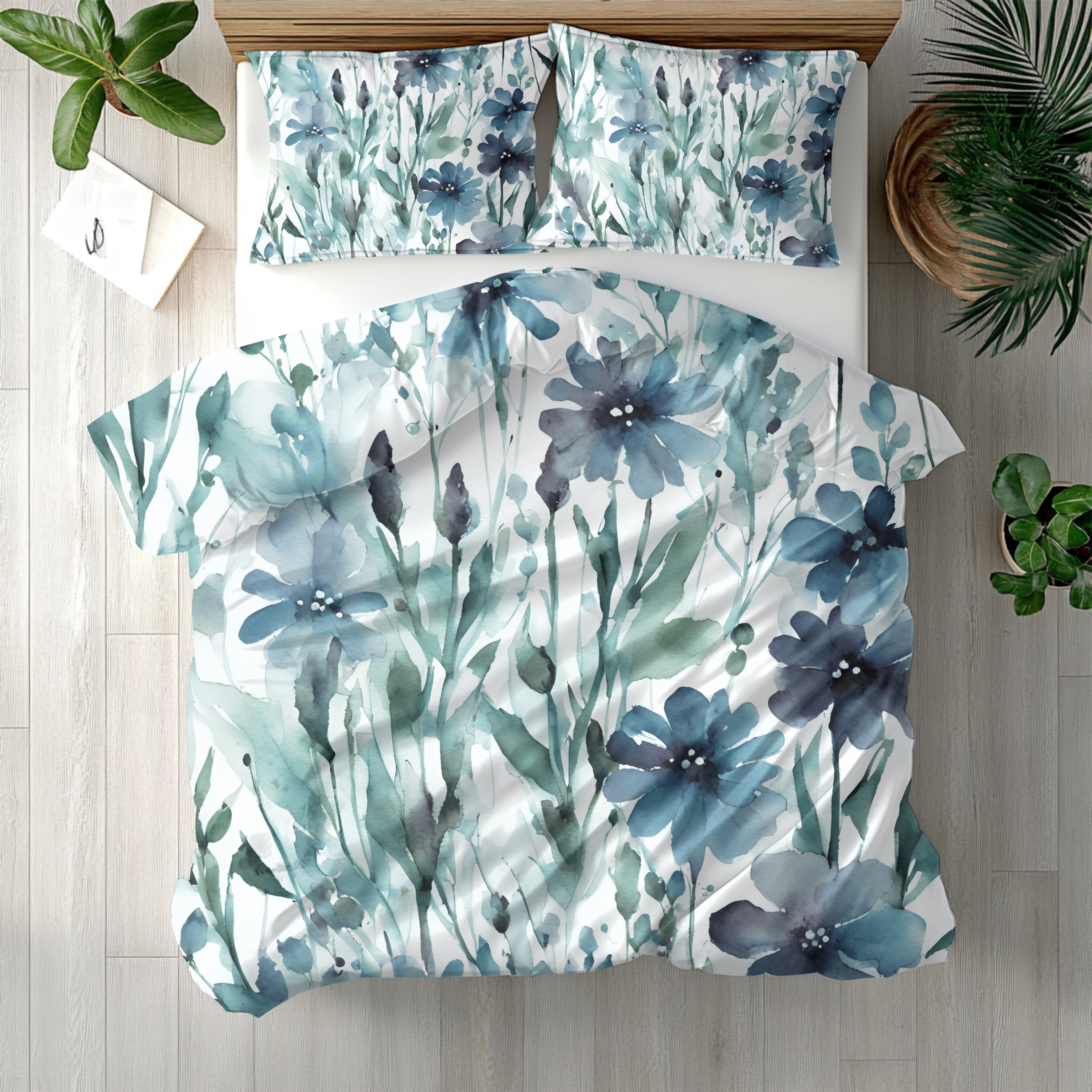 Floral Duvet Cover | Blue Green, White Wildflowers | Bedroom Decor