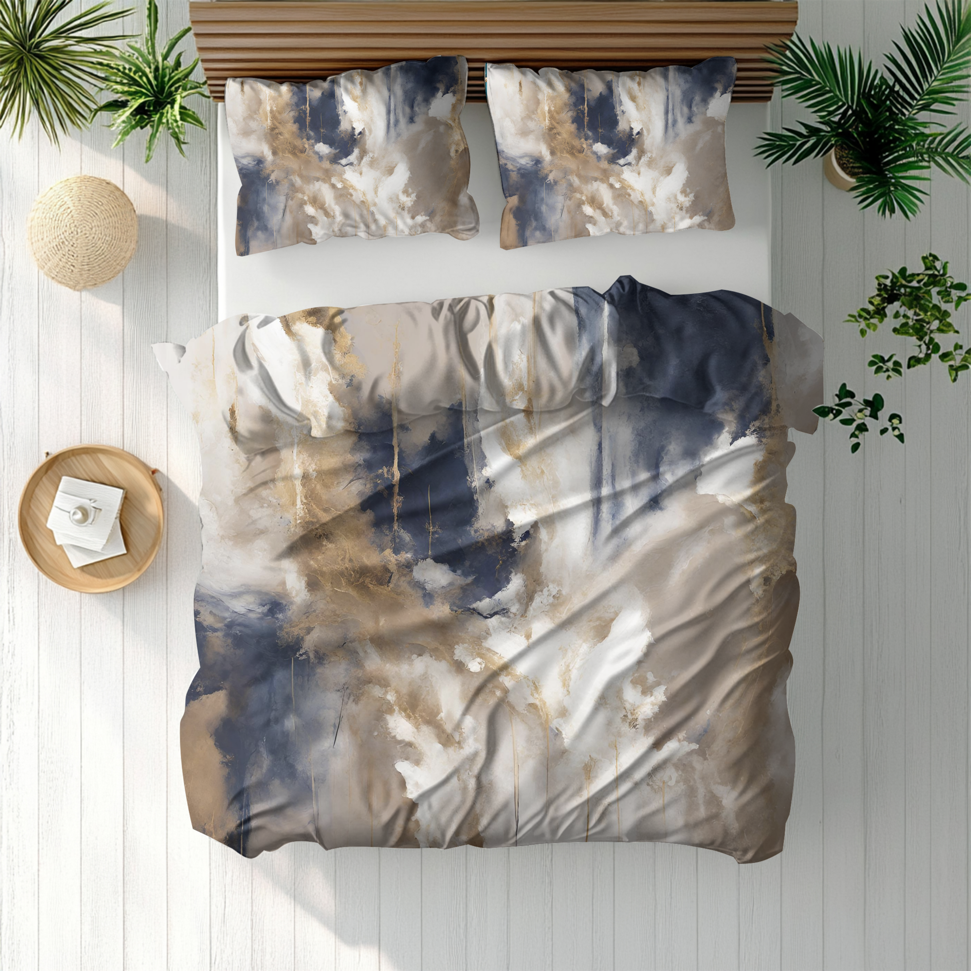 Abstract Duvet, Pillow Cover Set | Navy Blue Beige Bedroom Set
