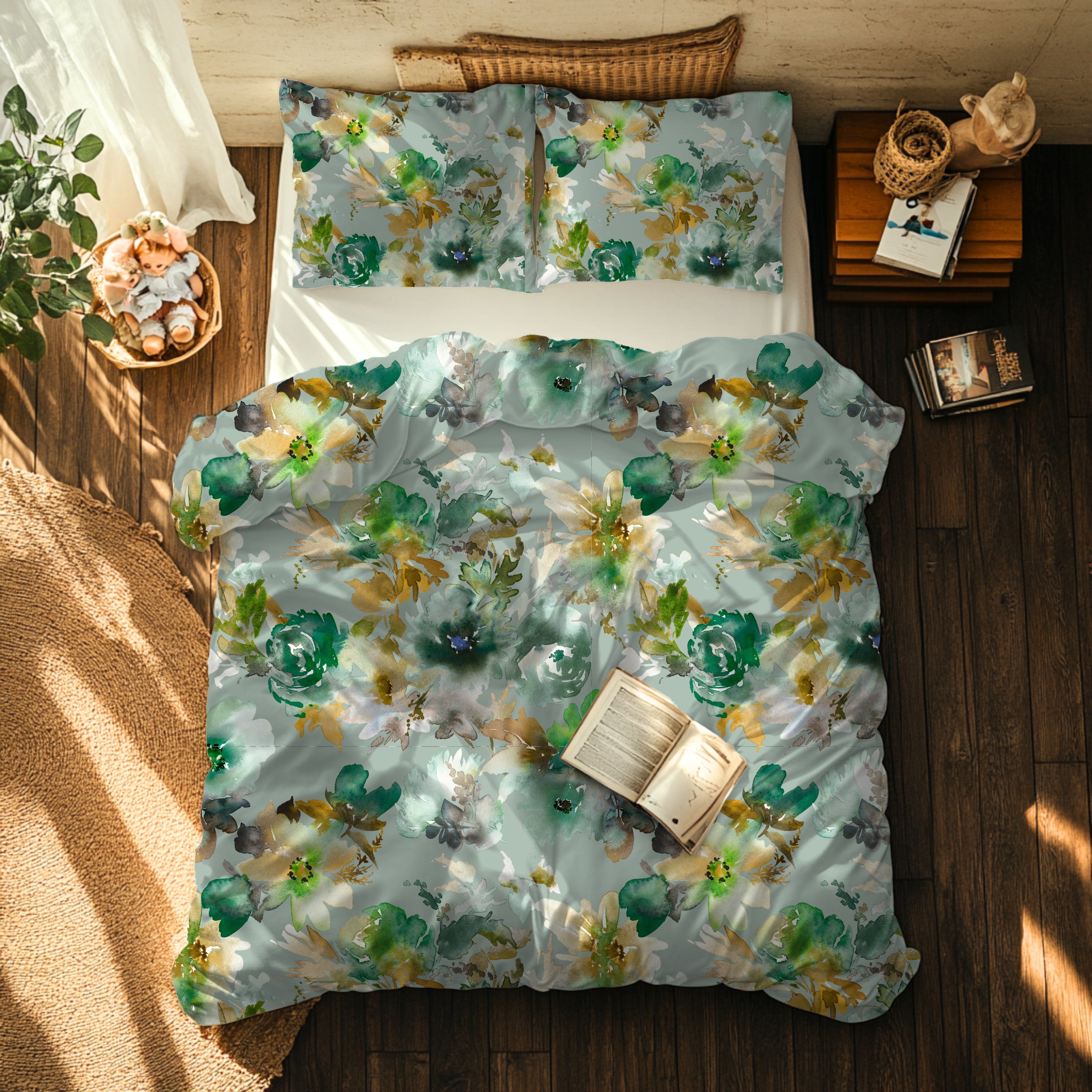 Floral Duvet, Pillow Cover Set | Green Beige Watercolor Bedroom Set