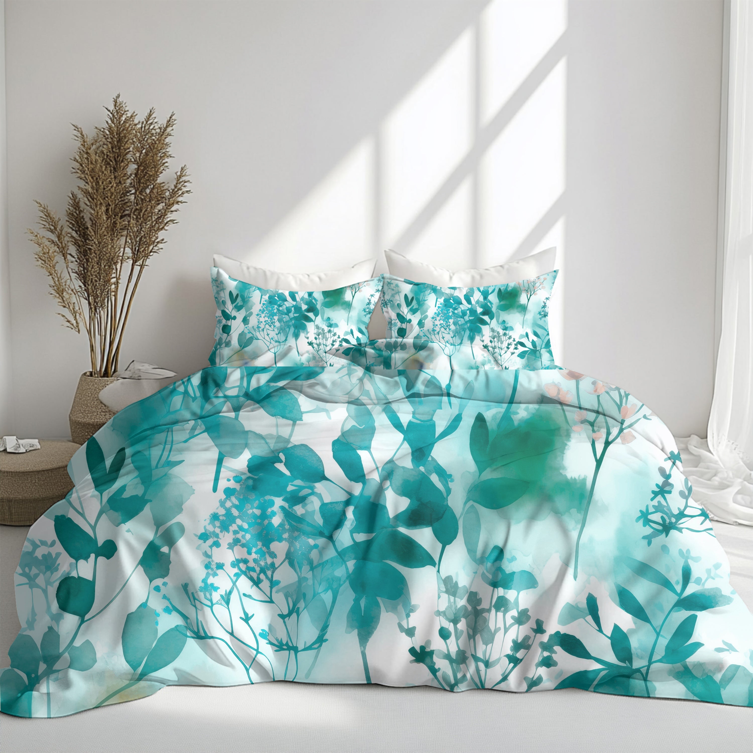 Floral Duvet, Pillow Cover | Teal White Wildflowers Bedroom Decor