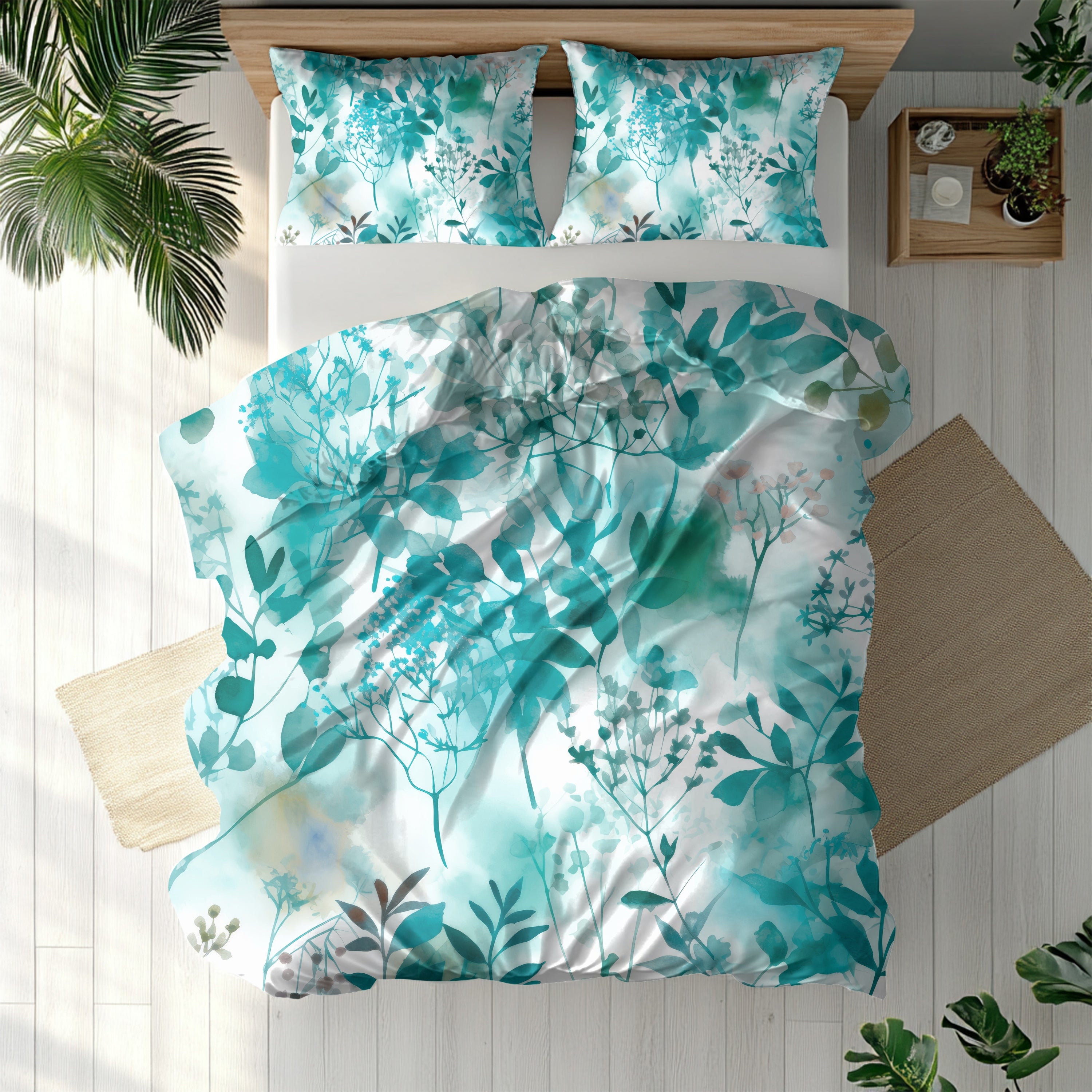 Floral Duvet, Pillow Cover | Teal White Wildflowers Bedroom Decor