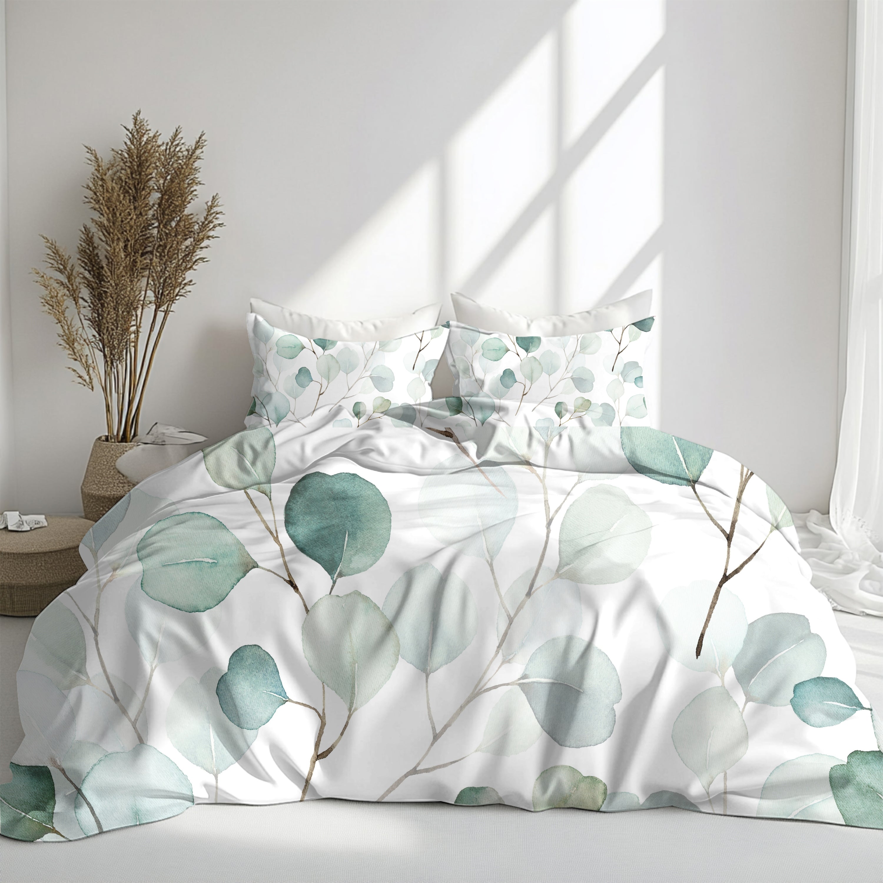 Floral Duvet, Pillow Cover Set | Sage Green Euclyptus Leaves Bedroom Set