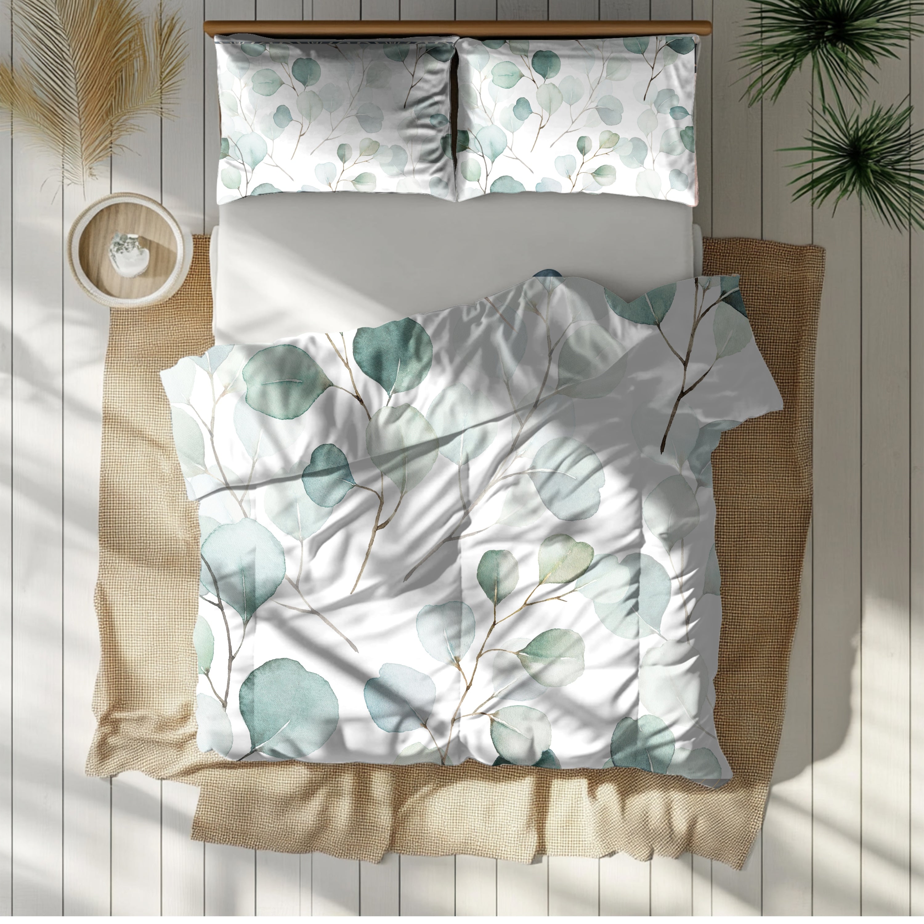 Floral Duvet, Pillow Cover Set | Sage Green Euclyptus Leaves Bedroom Set
