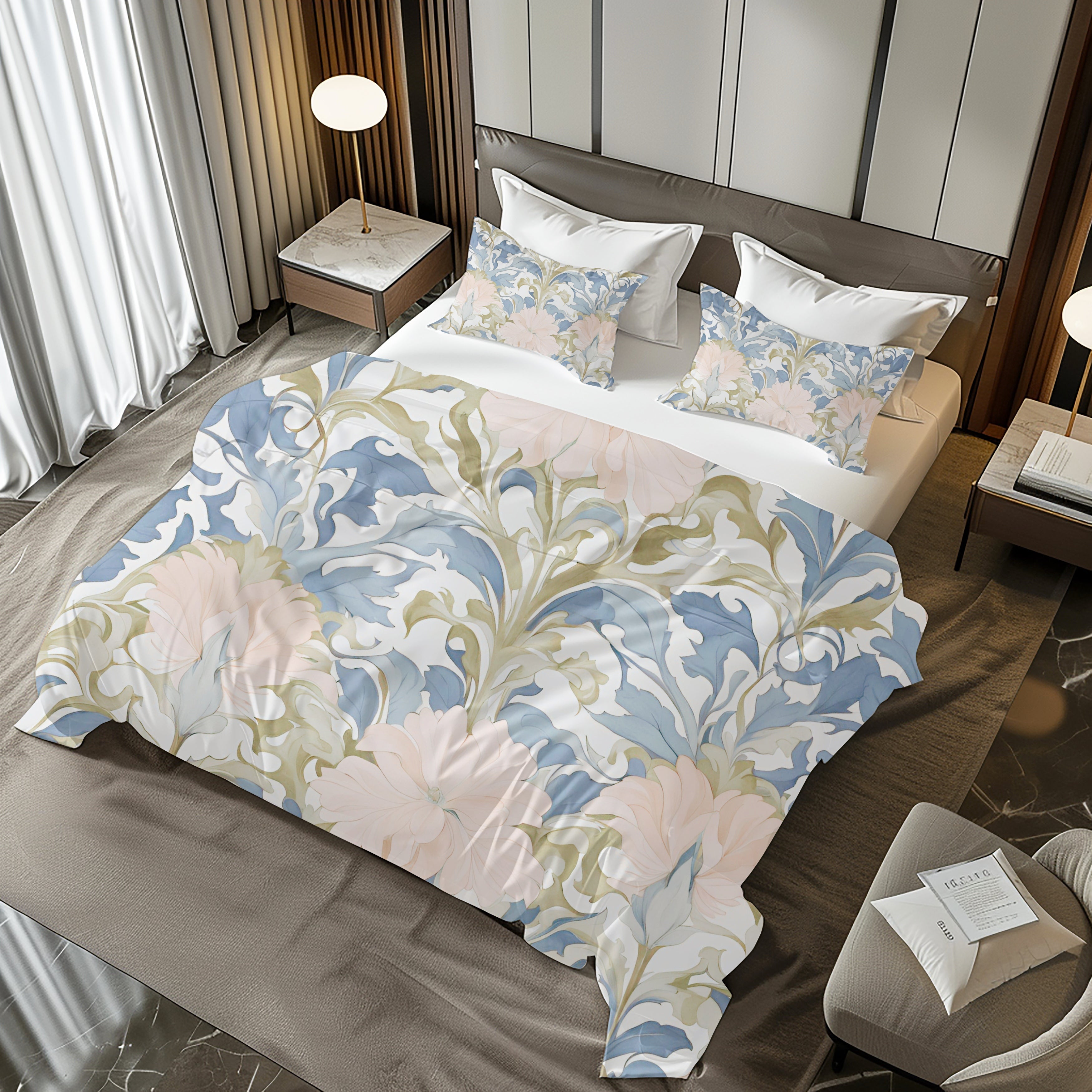 Floral Duvet Cover | Pale Blue Blush Ink, Vintage Bedding Boho Decor | Bedroom Decor